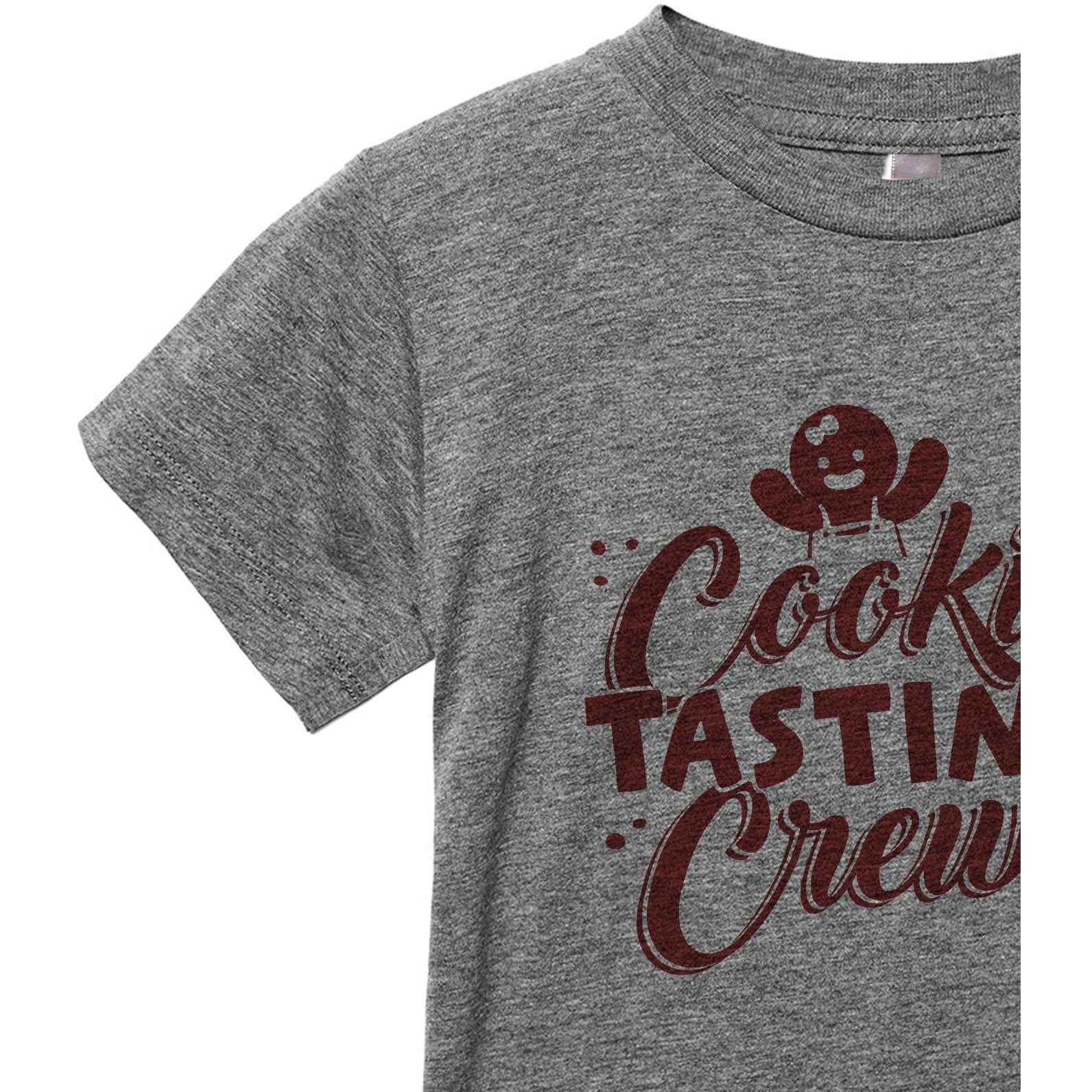 Cookie Tasting Crew Toddler's Go-To Crewneck Tee Heather Grey Scarlet Print Close Up Sleeves Collar Details
