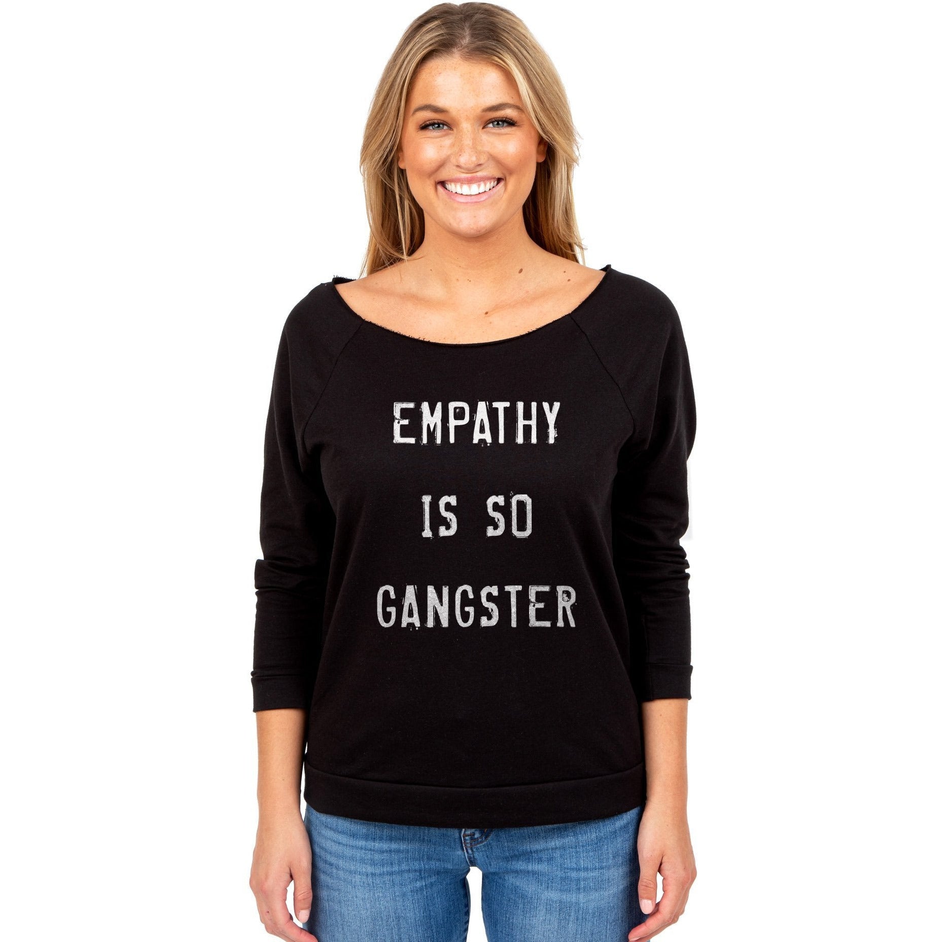 Empathy Is So Gangster Women's Graphic Printed Lightweight Slouchy 3/4 Sleeves Sweatshirt Sport Black
