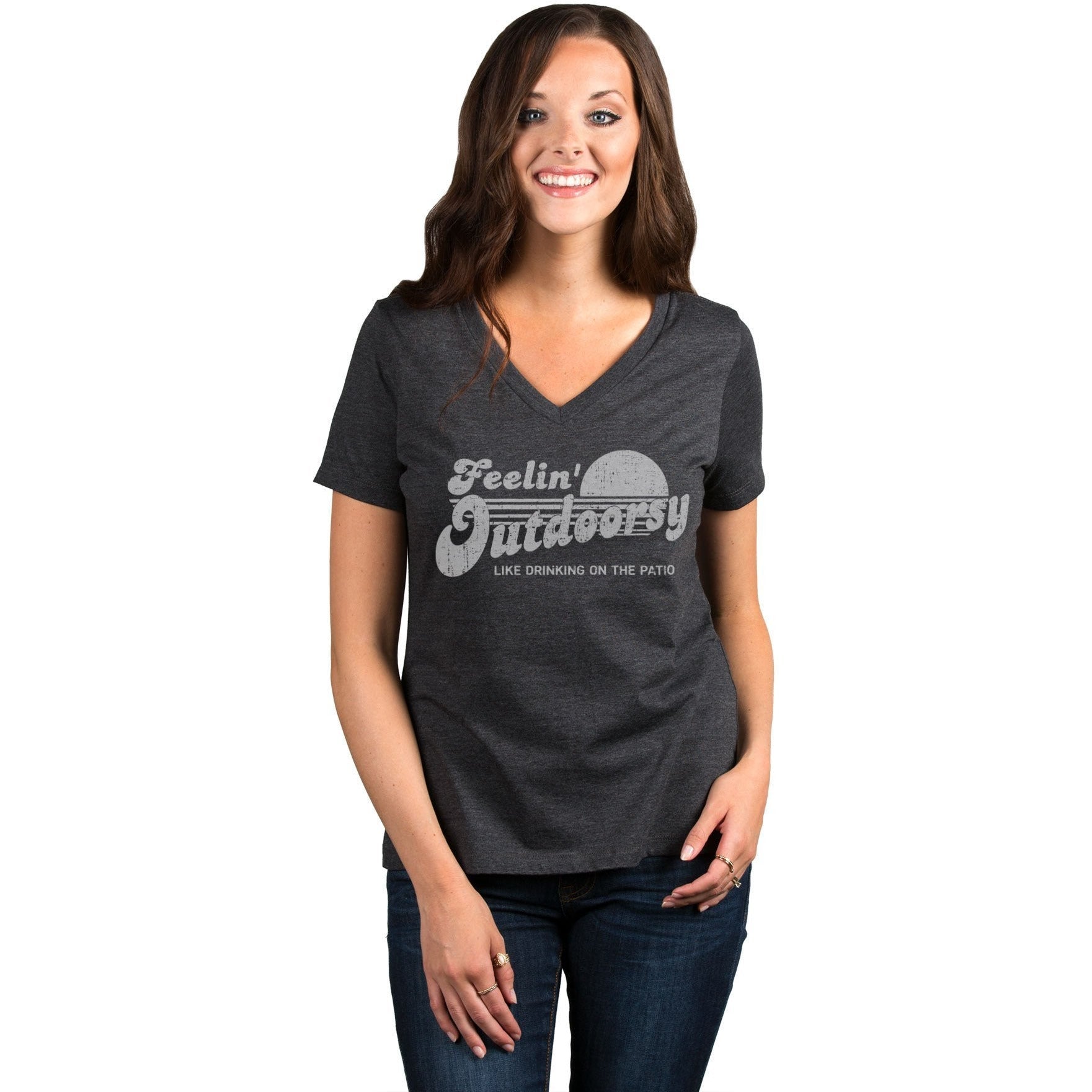 Feelin Outdoorsy Like Drinking On The Patio Women's Relaxed Crewneck T-Shirt Top Tee Charcoal Grey Model