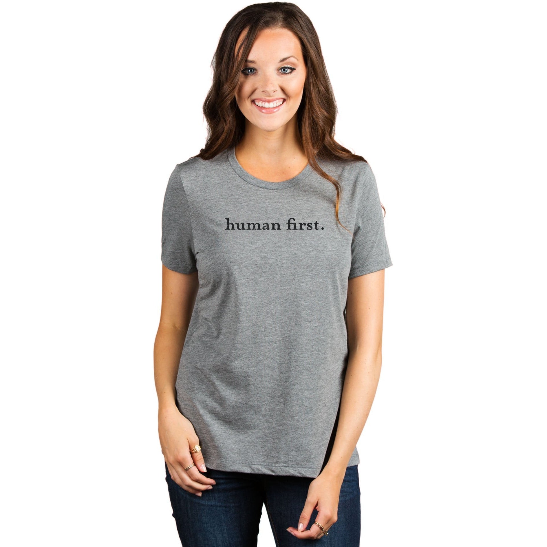 Human First Women's Relaxed Crewneck T-Shirt Top Tee Heather Grey