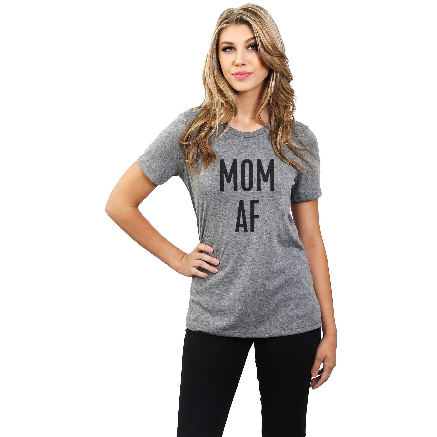 Mom AF Women's Relaxed Crewneck T-Shirt Top Tee Heather Grey Model
