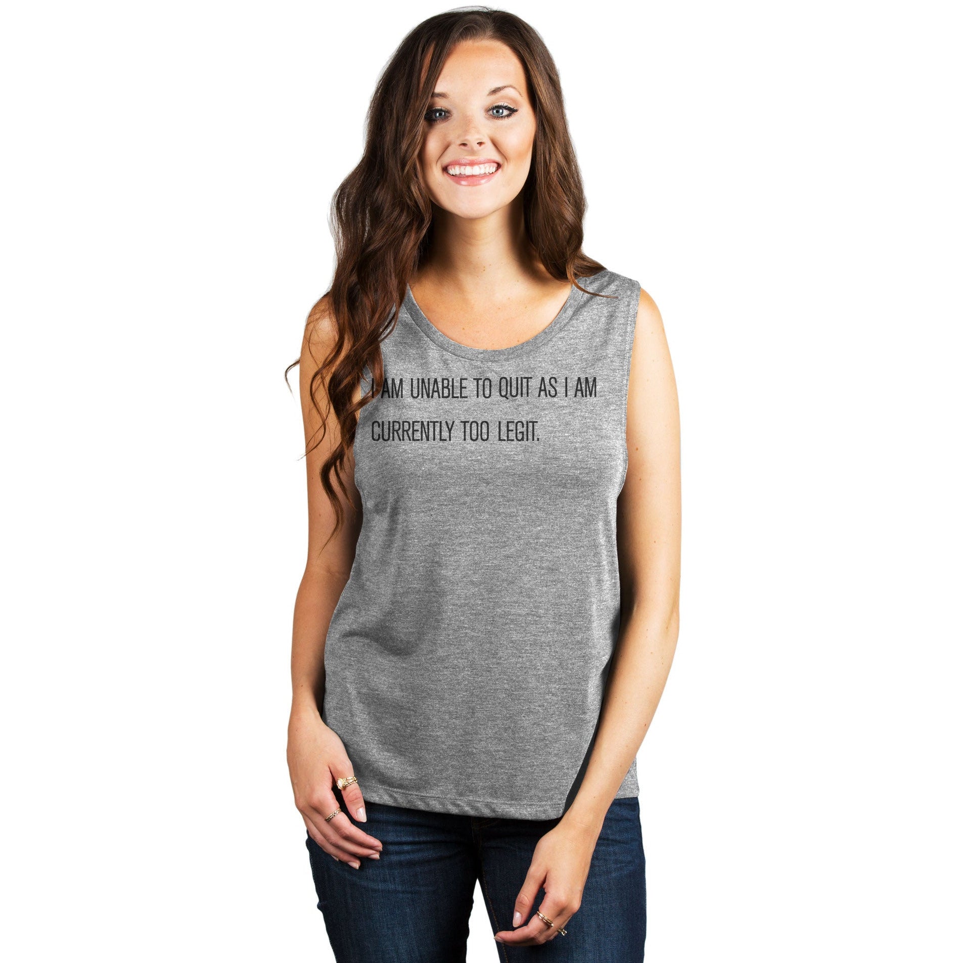 Too Legit To Quit1360W Women's Relaxed Muscle Tank Tee Heather Grey Model
