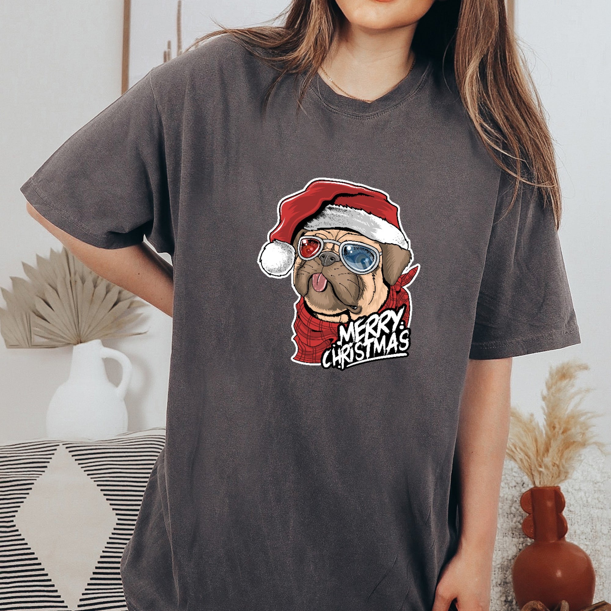 Pug Christmas Shirt, Holiday Oversized Shirt Garment-Dyed Graphic Tee