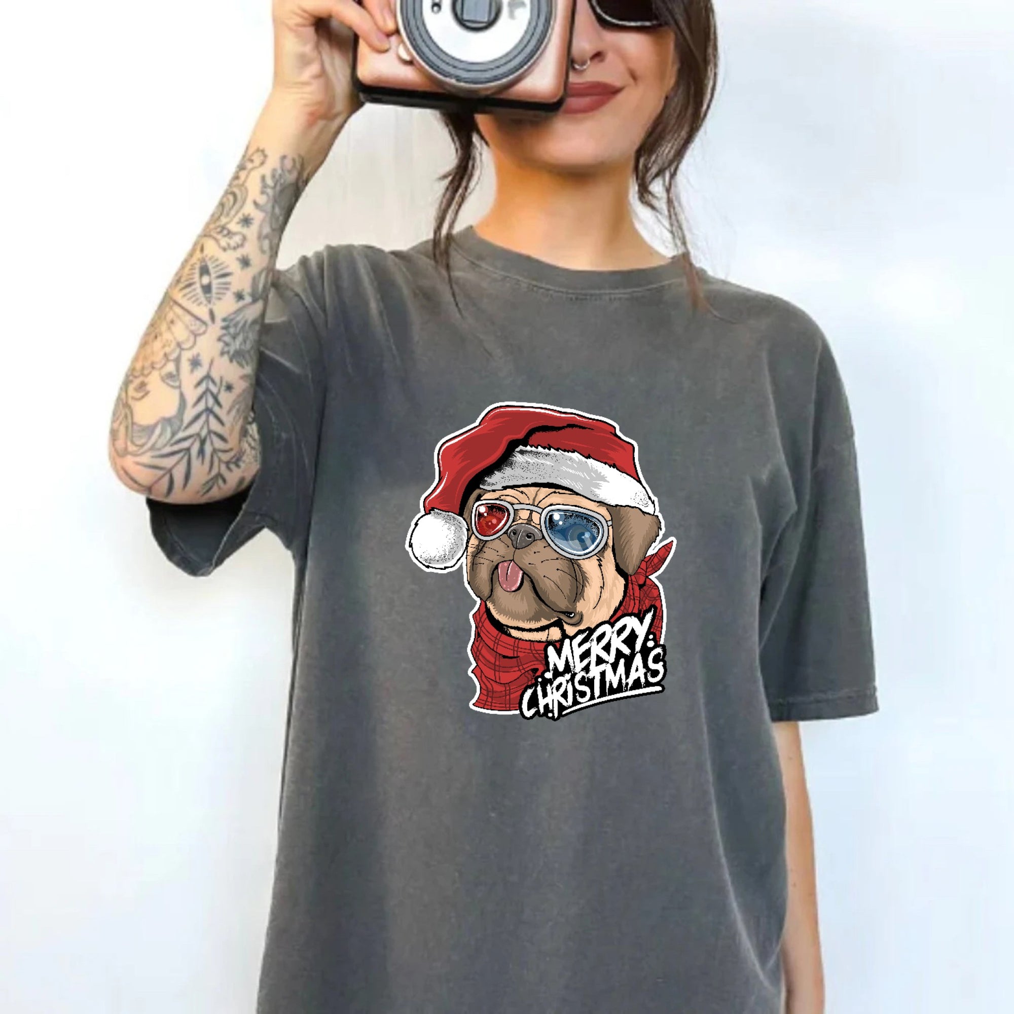 Pug Christmas Shirt, Holiday Oversized Shirt Garment-Dyed Graphic Tee