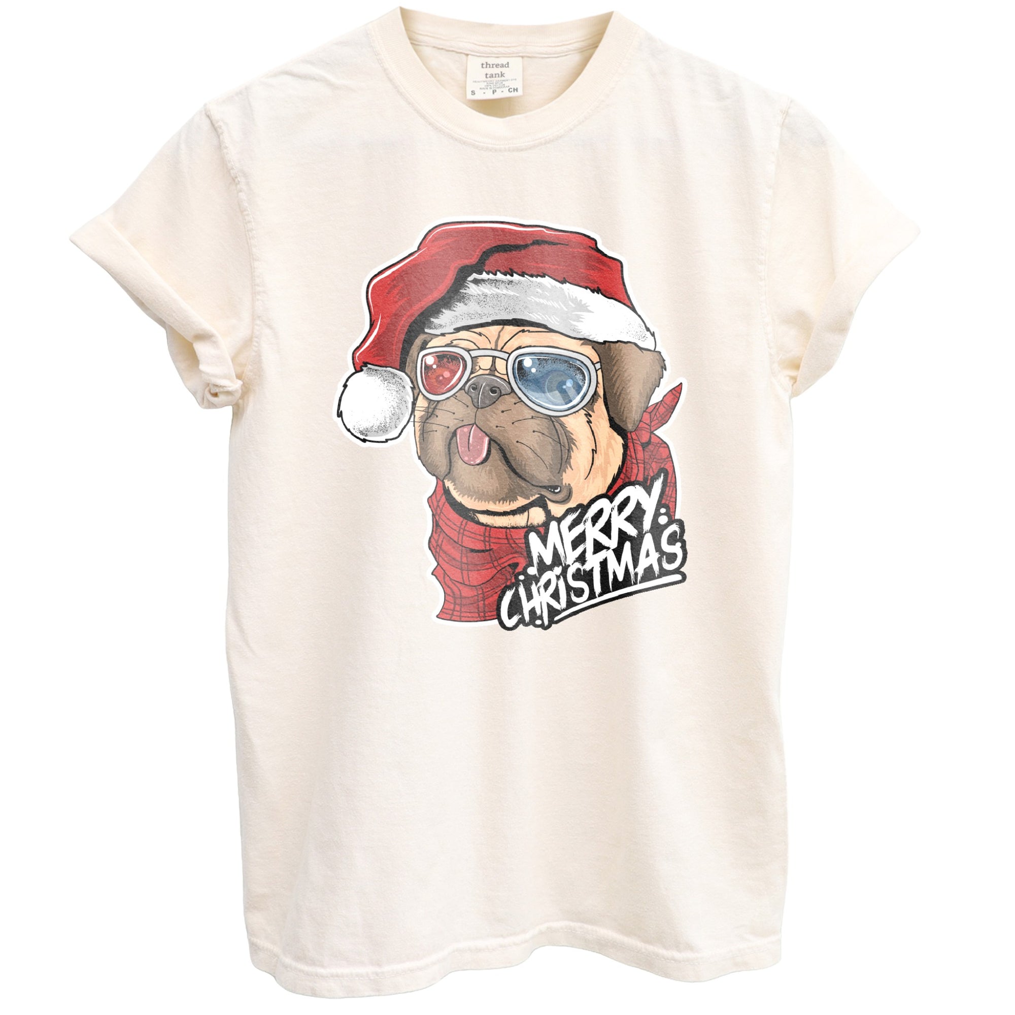 Pug Christmas Shirt, Holiday Oversized Shirt Garment-Dyed Graphic Tee