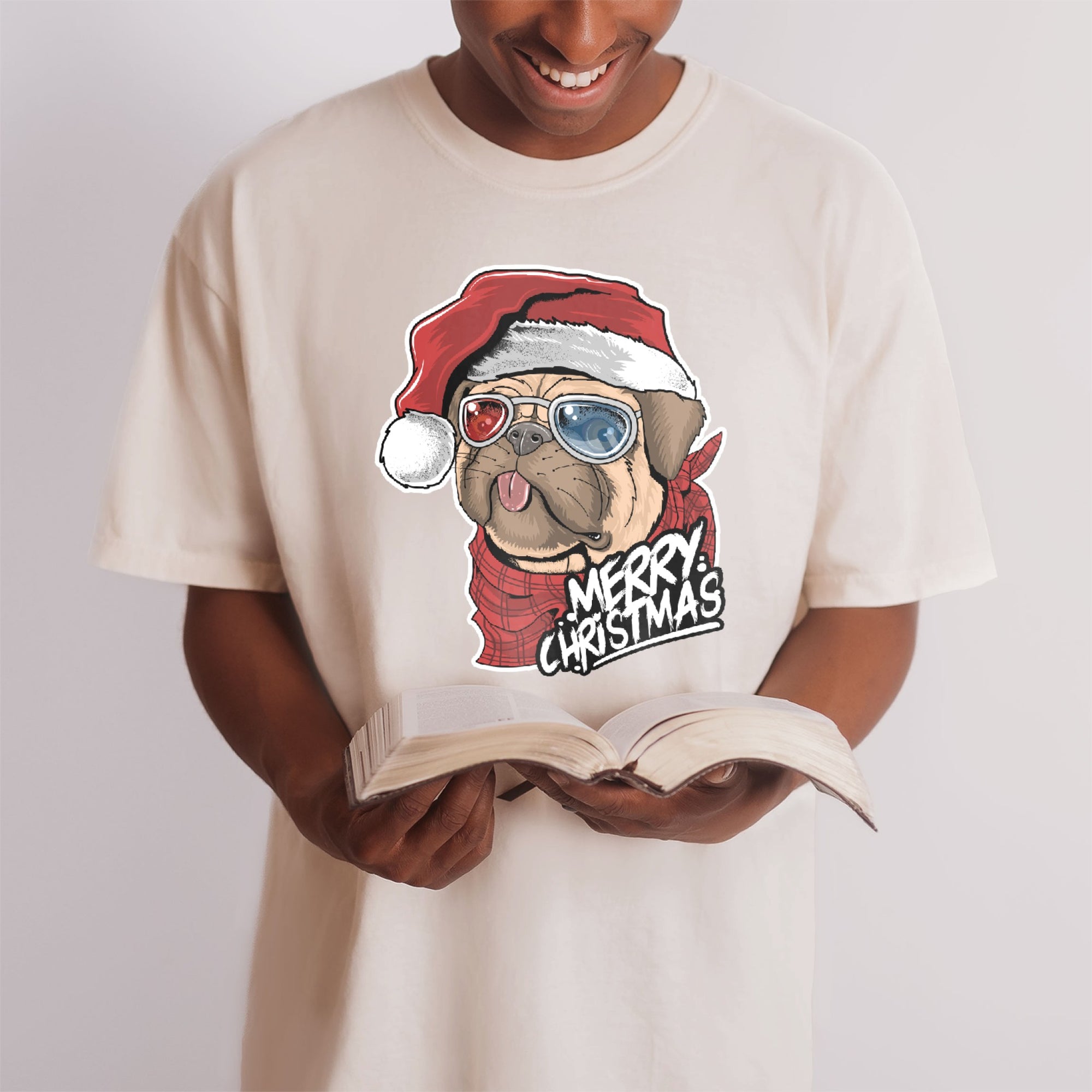 Pug Christmas Shirt, Holiday Oversized Shirt Garment-Dyed Graphic Tee