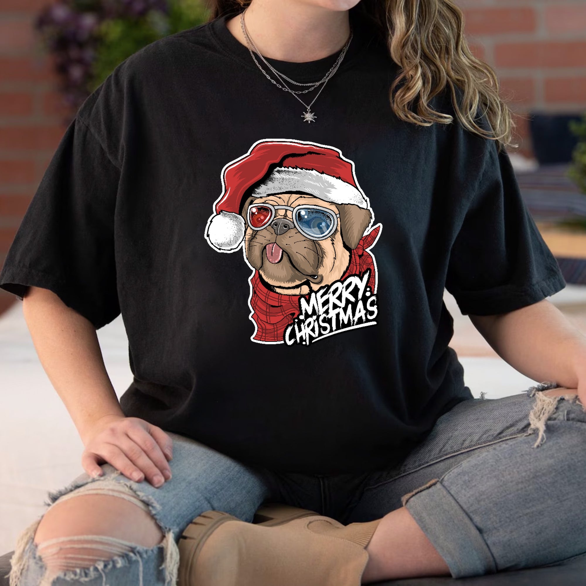 Pug Christmas Shirt, Holiday Oversized Shirt Garment-Dyed Graphic Tee