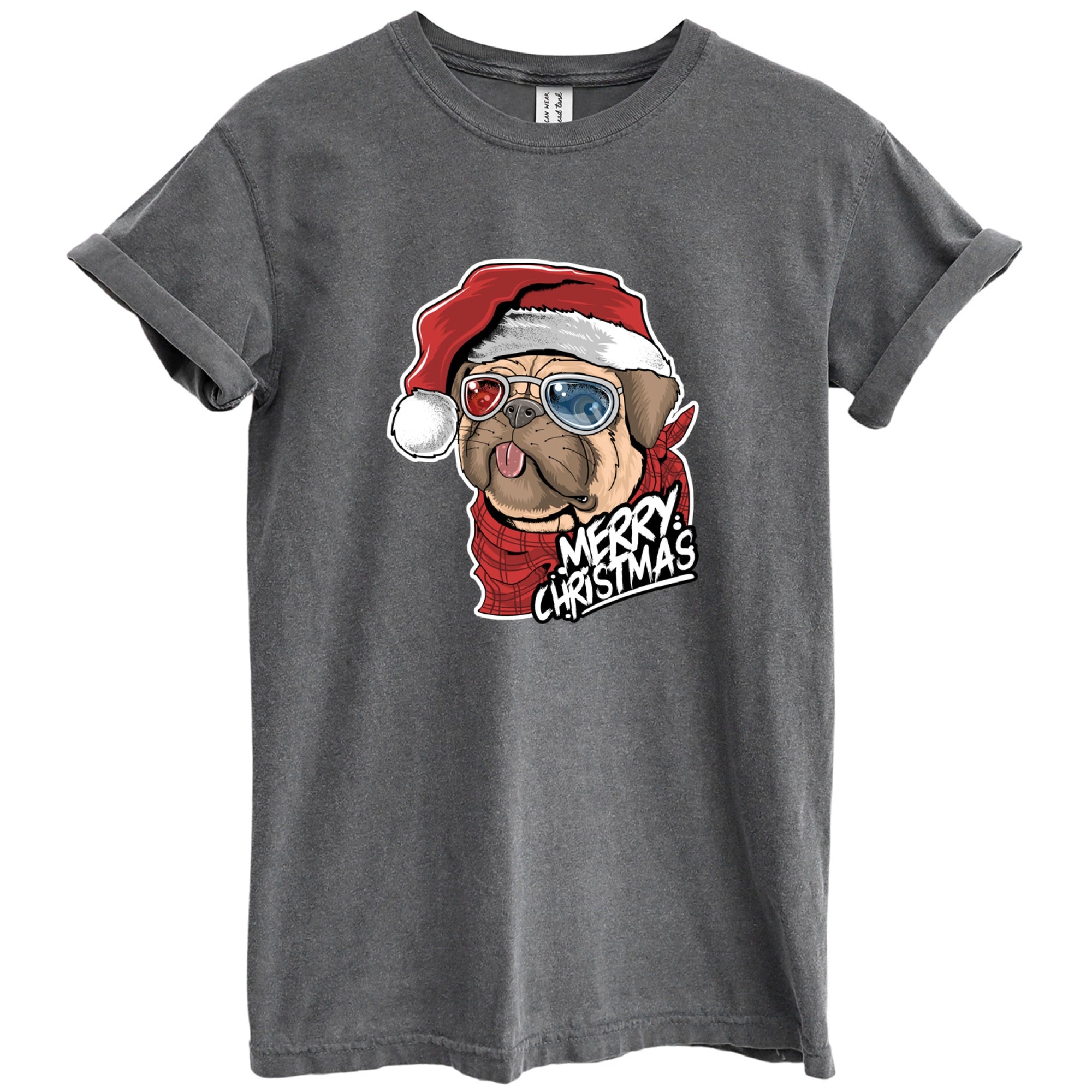 Pug Christmas Shirt, Holiday Oversized Shirt Garment-Dyed Graphic Tee