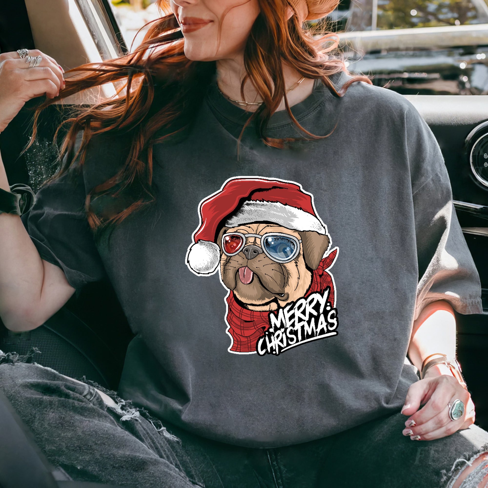 Pug Christmas Shirt, Holiday Oversized Shirt Garment-Dyed Graphic Tee