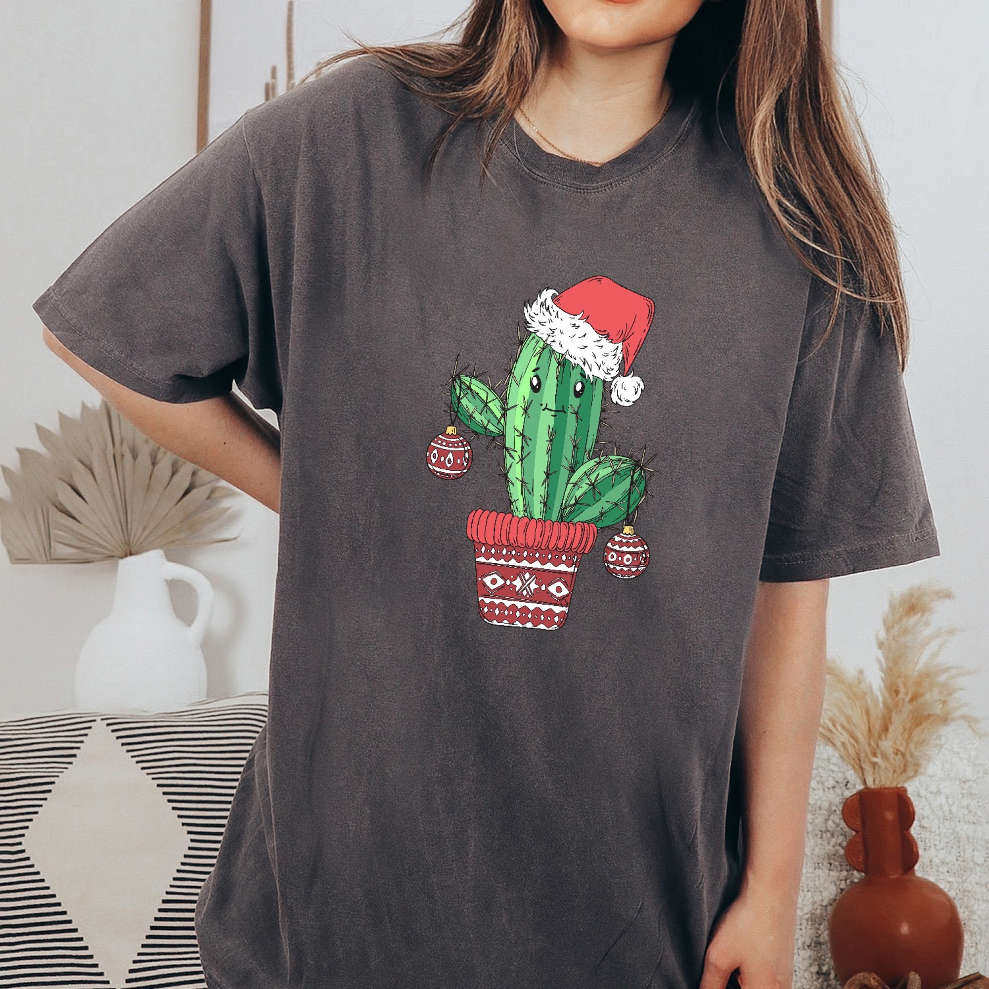 Christmas Cactus Tree, Holiday Oversized Shirt Garment-Dyed Graphic Tee