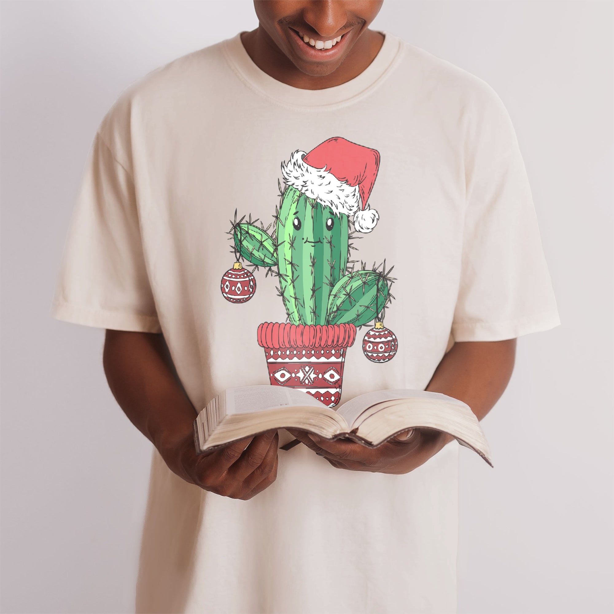 Christmas Cactus Tree, Holiday Oversized Shirt Garment-Dyed Graphic Tee