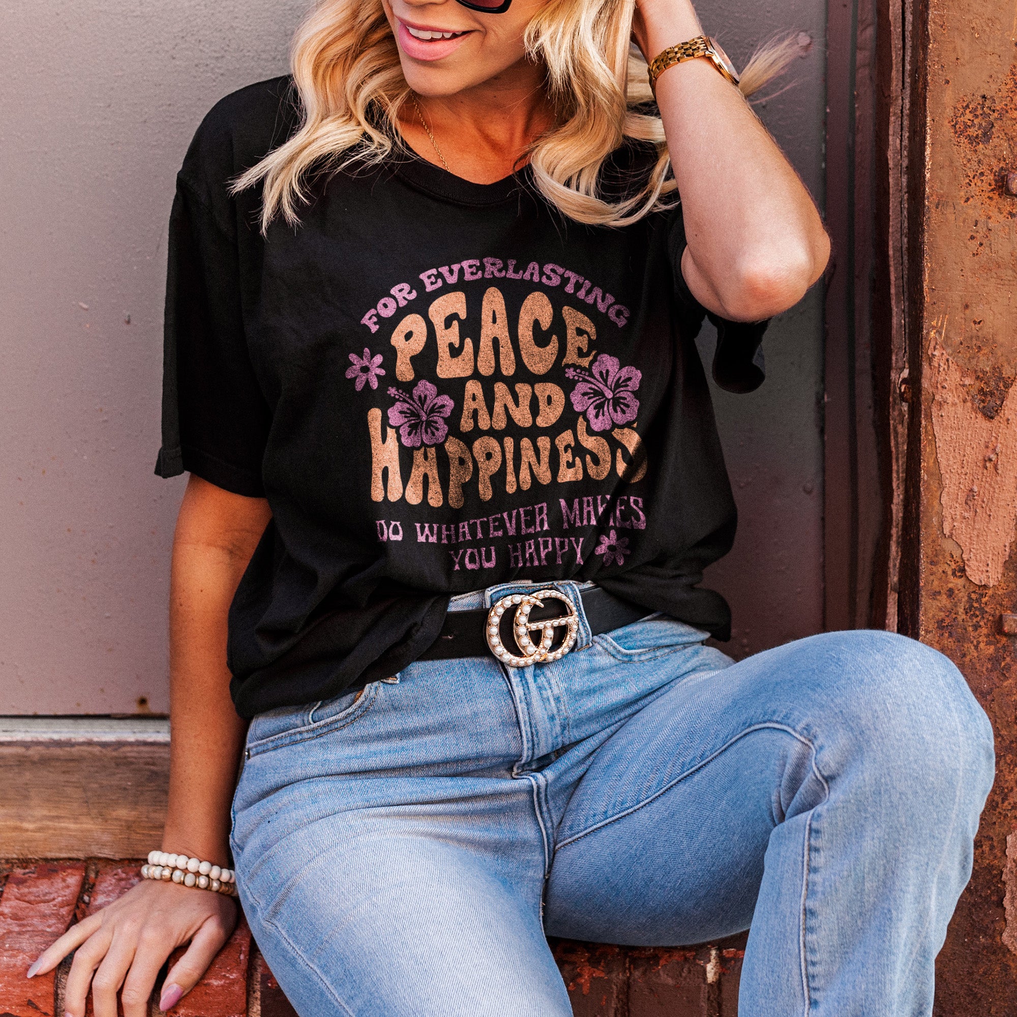 Peace and Happiness Oversized Shirt Garment-Dyed Graphic Tee