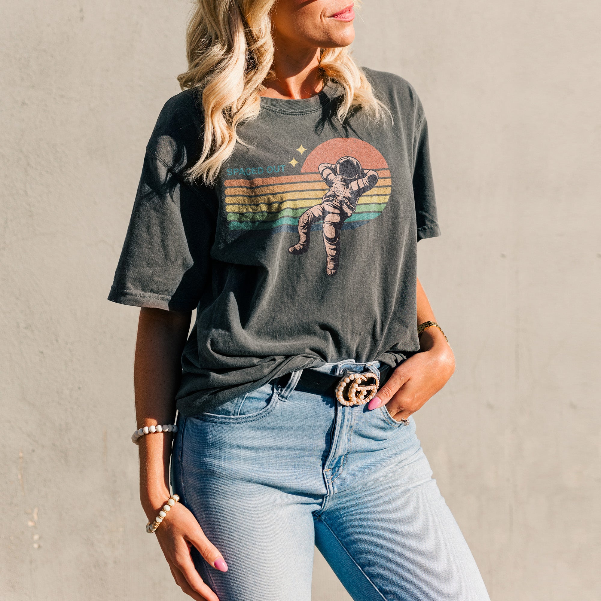 Spaced Out Oversized Shirt for Women Garment-Dyed Graphic Tee