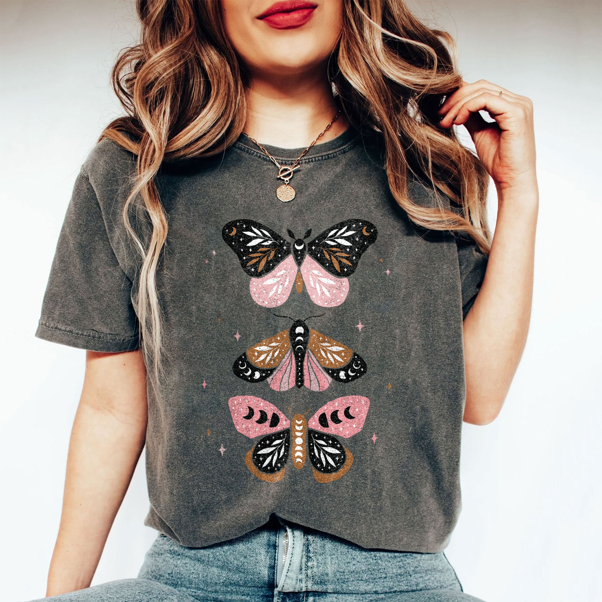 Pink Boho Butterflies Oversized Shirt for Women Garment-Dyed Graphic Tee