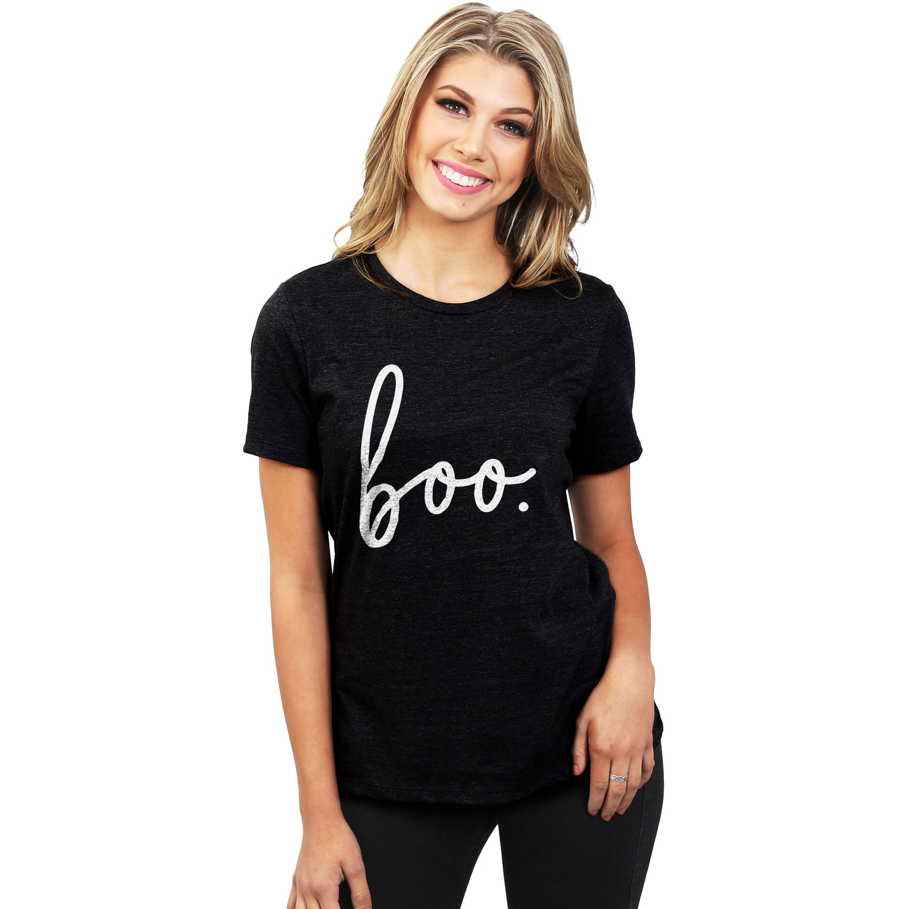Boo Cursive Women's Relaxed Crewneck Graphic T-Shirt Top Tee Pink ...