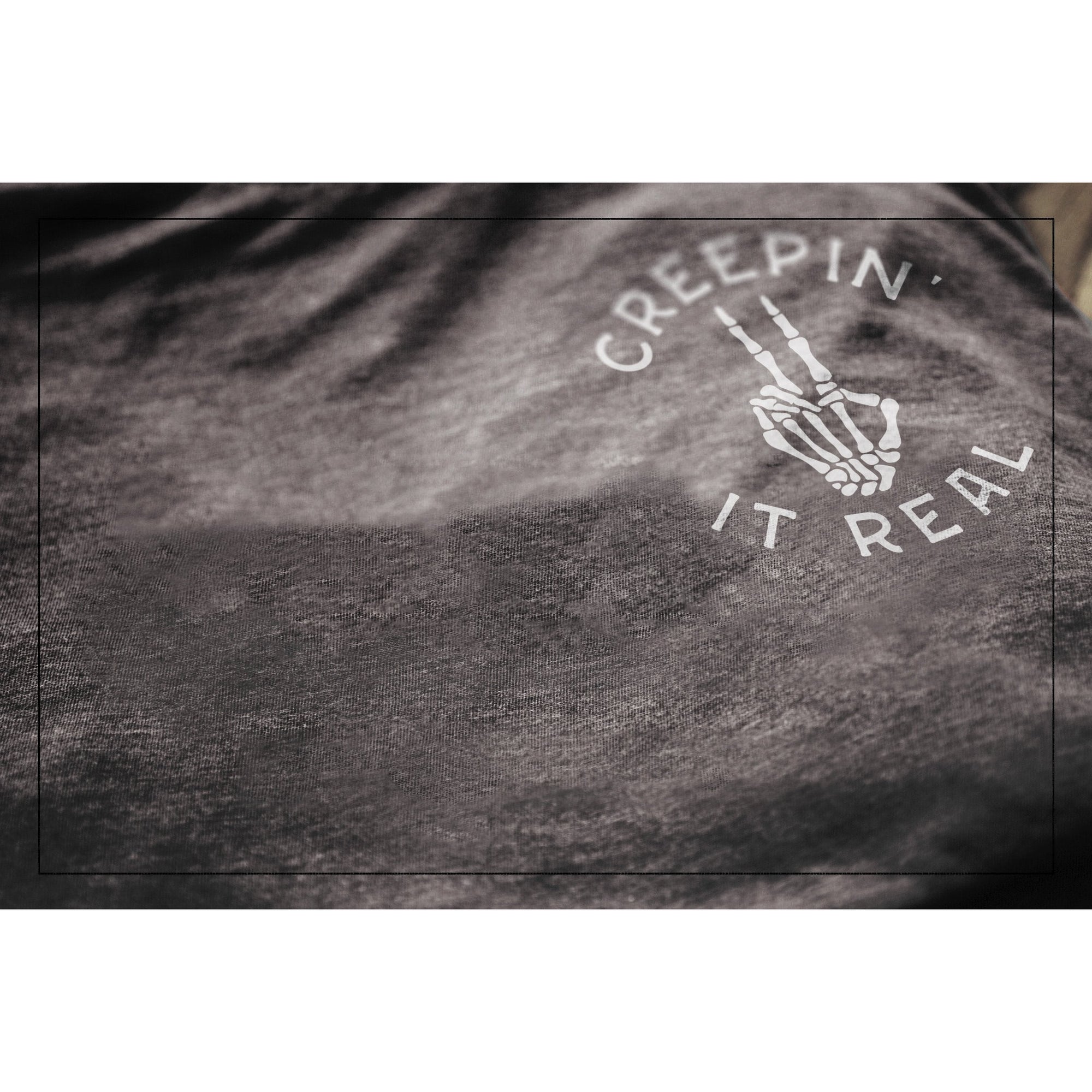 Creepin It Real Charcoal Printed Graphic Men's Crew T-Shirt Tee Closeup Details