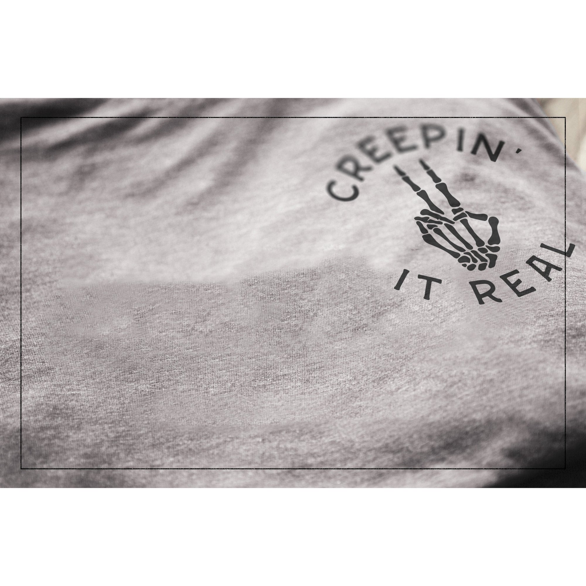 Creepin It Real Heather Grey Printed Graphic Men's Crew T-Shirt Tee Closeup Details