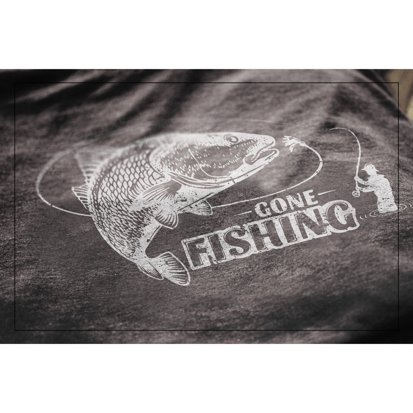 Gone Fishing Charcoal Printed Graphic Men's Crew T-Shirt Tee Closeup Details