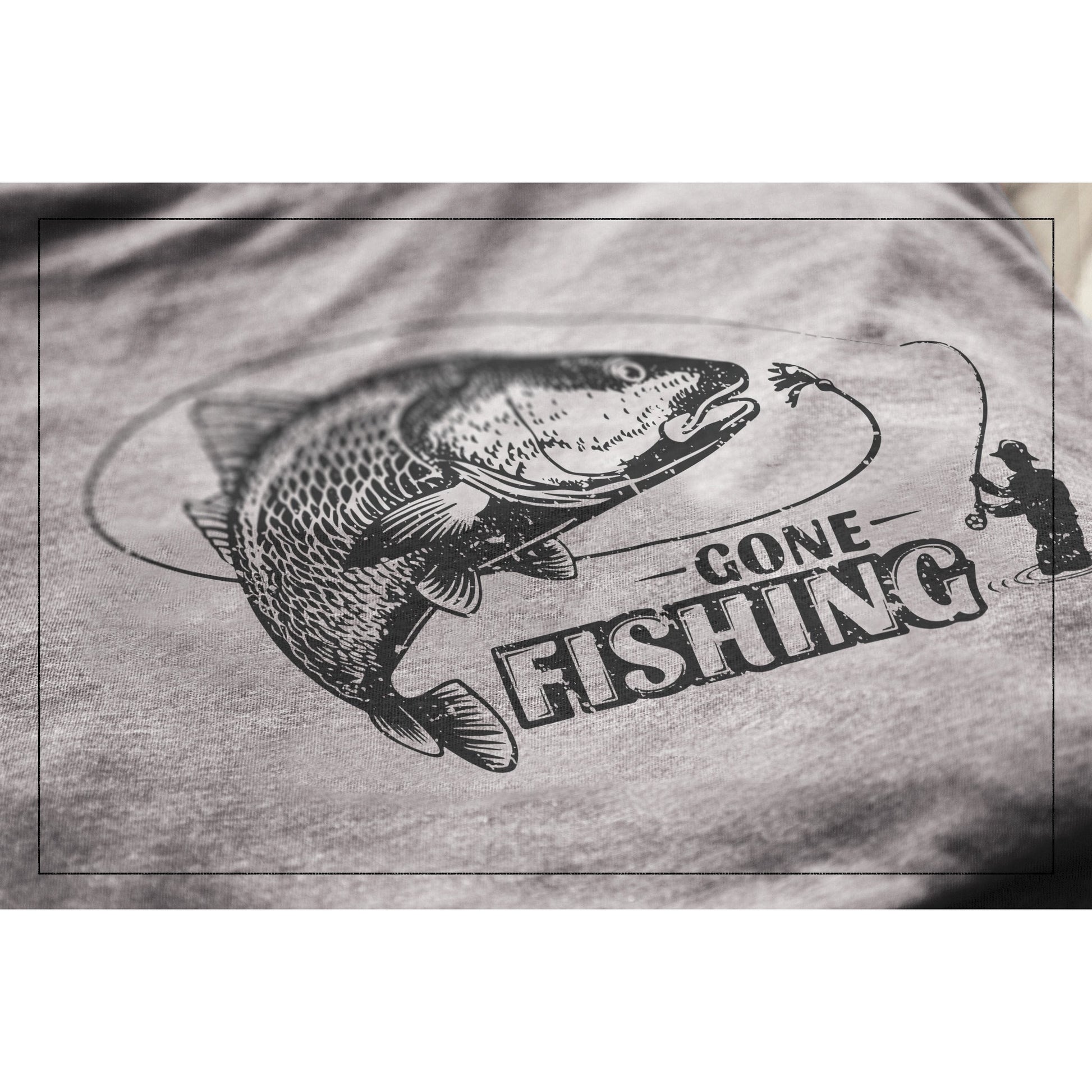 Gone Fishing Heather Grey Printed Graphic Men's Crew T-Shirt Tee Closeup Details