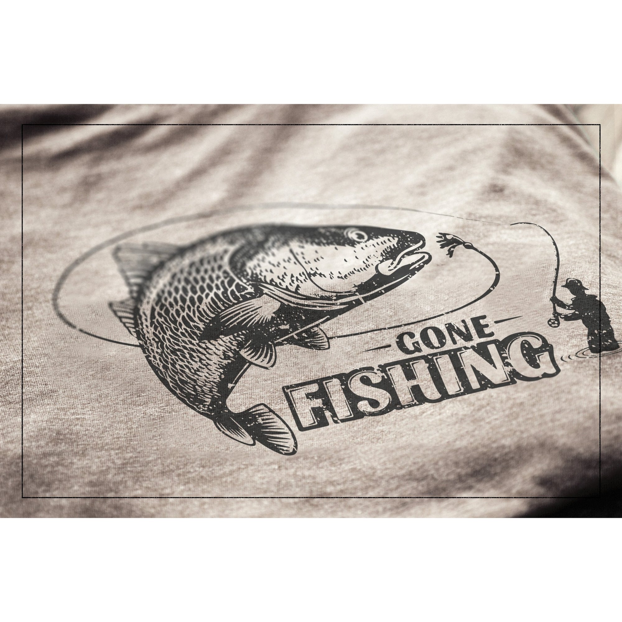 Gone Fishing Military Grey Printed Graphic Men's Crew T-Shirt Tee Closeup Details
