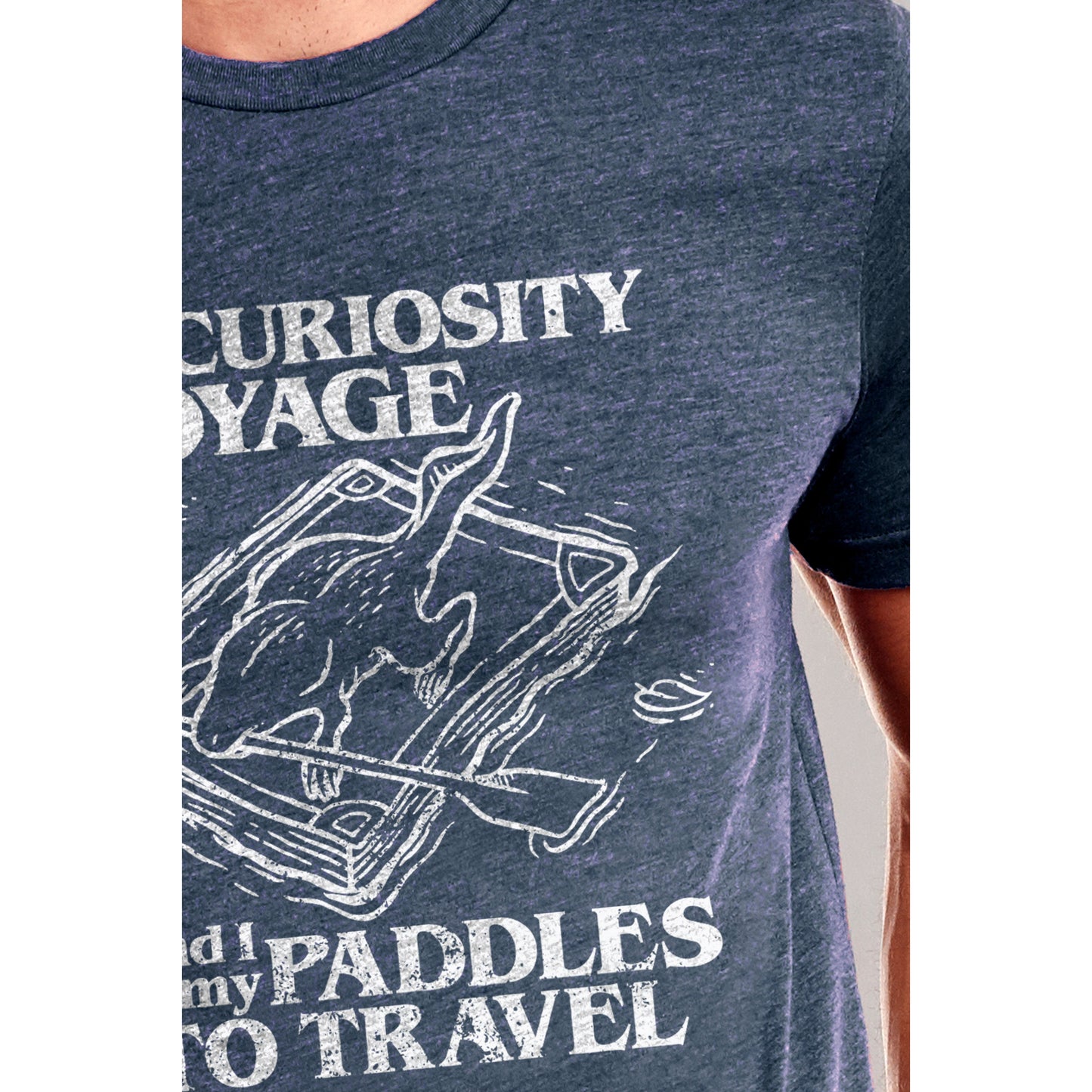 I Am On A Curiosity Voyage And I Need My Paddles To Travel Printed Graphic Men's Crew T-Shirt Vintage White Closeup Image