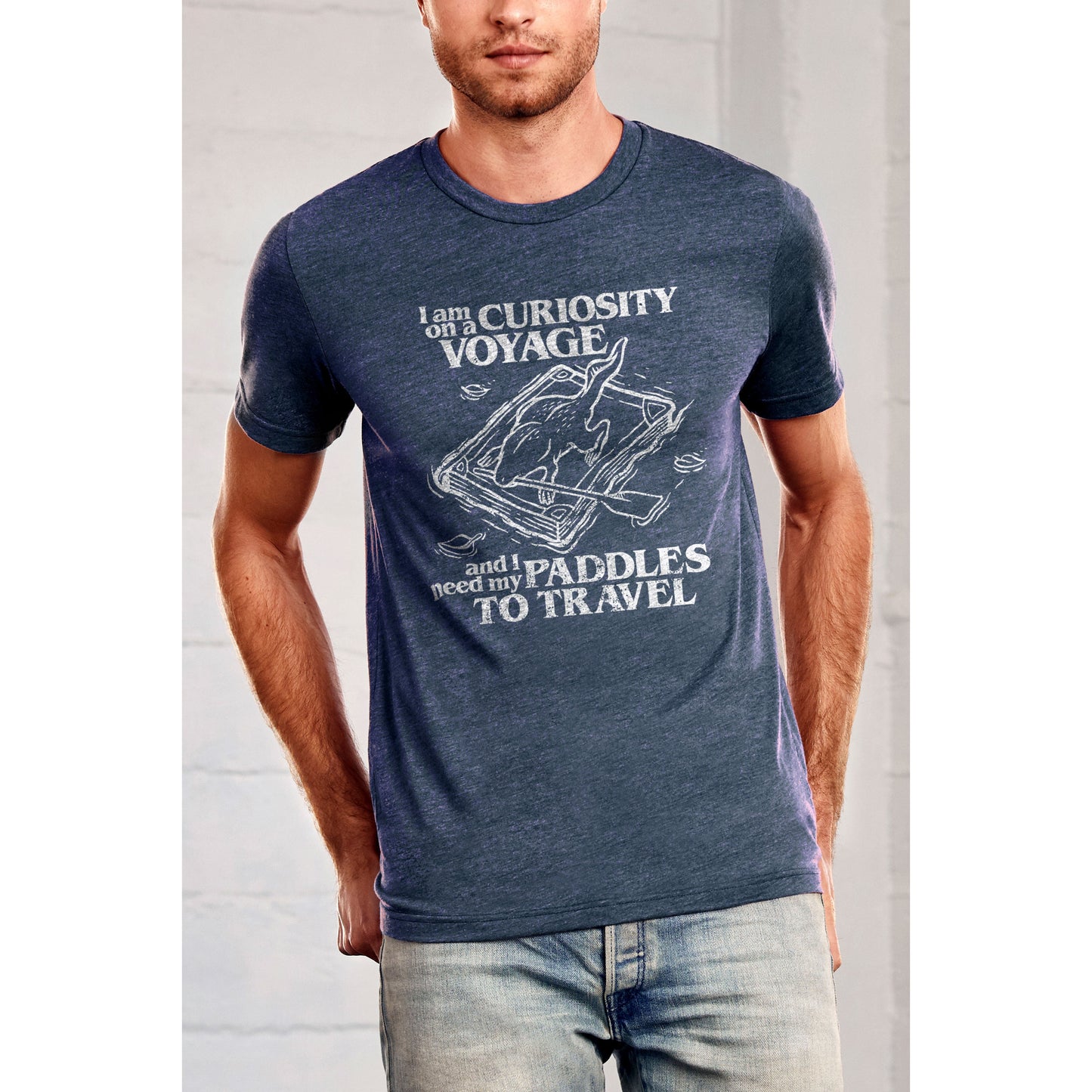I Am On A Curiosity Voyage And I Need My Paddles To Travel Printed Graphic Men's Crew T-Shirt Vintage White Model Image