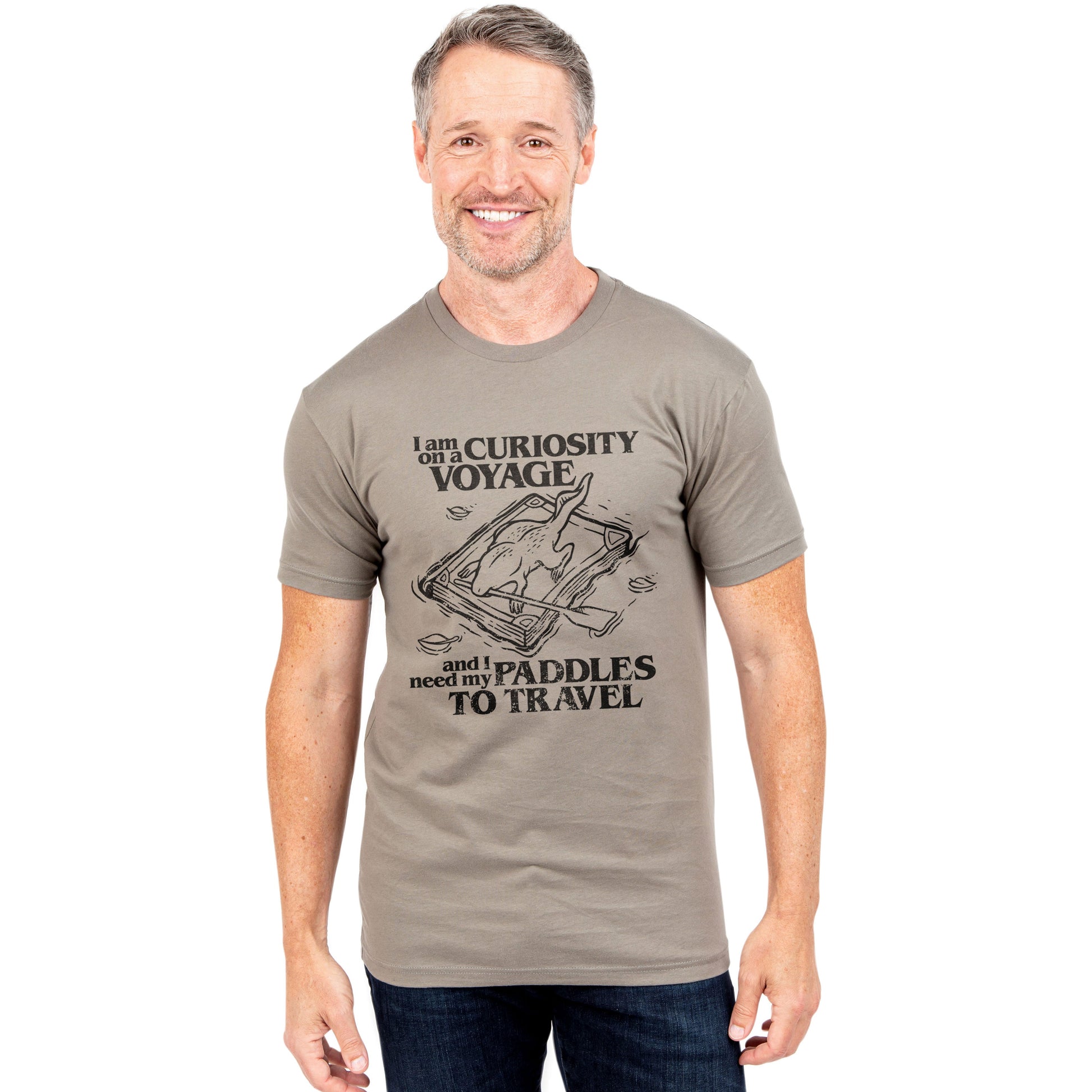 I Am On A Curiosity Voyage And I Need My Paddles To Travel Printed Graphic Men's Crew T-Shirt Heather Tan Model Image