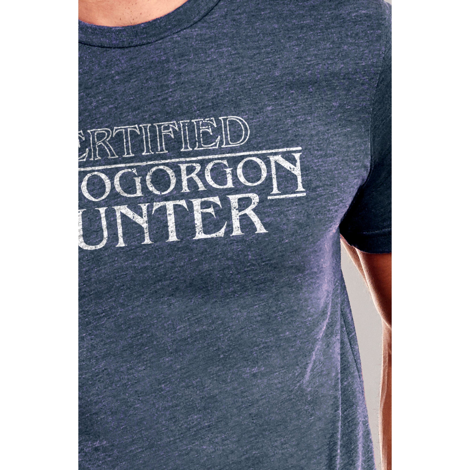 Certified Demogorgon Hunter Printed Graphic Men's Crew T-Shirt Vintage White Closeup Image