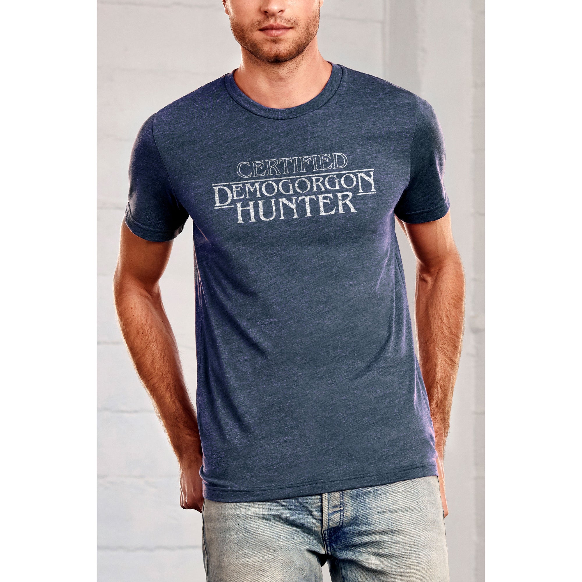 Certified Demogorgon Hunter Printed Graphic Men's Crew T-Shirt Vintage White Model Image