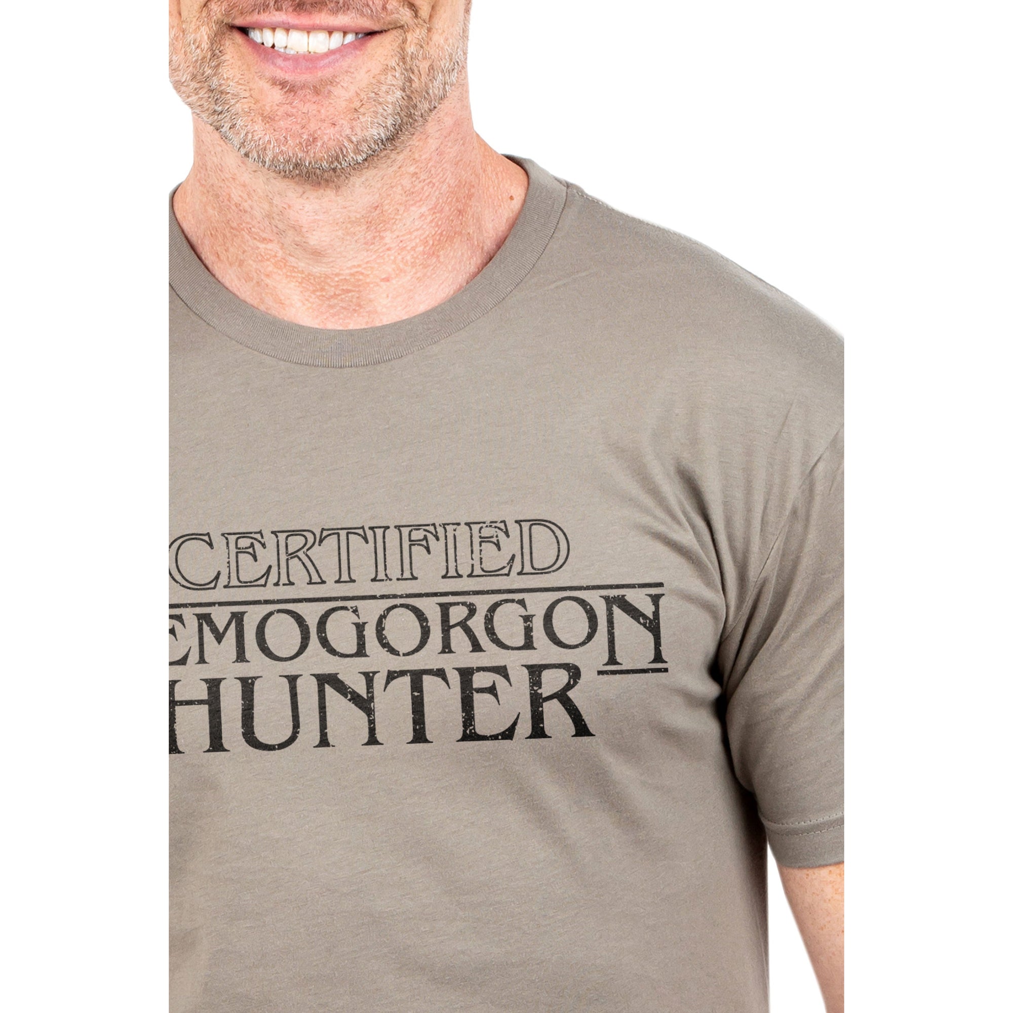 Certified Demogorgon Hunter Printed Graphic Men's Crew T-Shirt Heather Tan Closeup Image