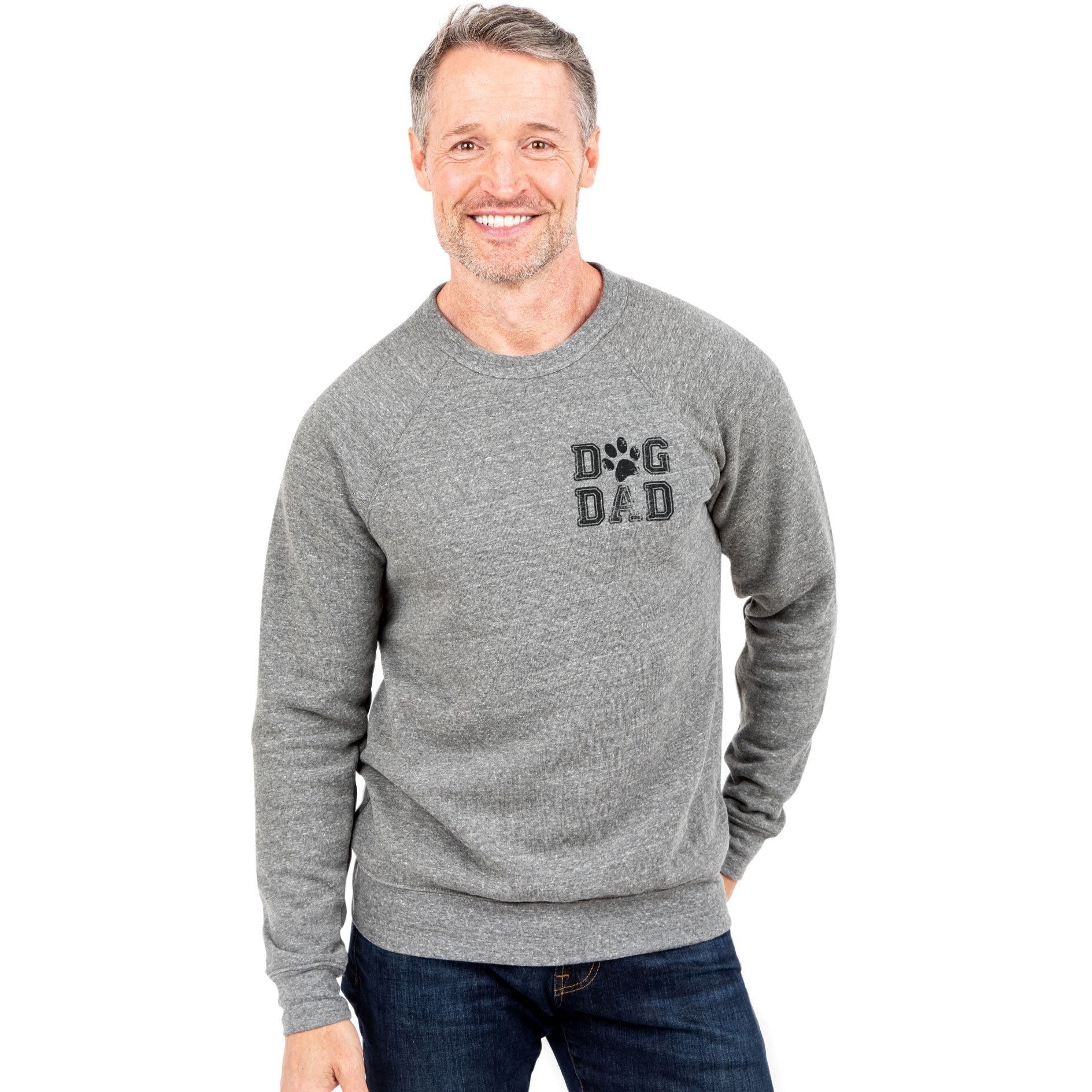 Dog Dad Cozy Unisex Fleece Longsleeves Sweater Heather Grey Model