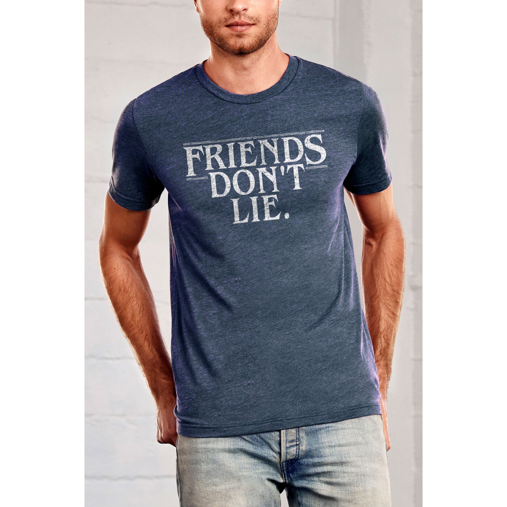 Friends Dont Lie Printed Graphic Men's Crew T-Shirt Vintage White Model Image