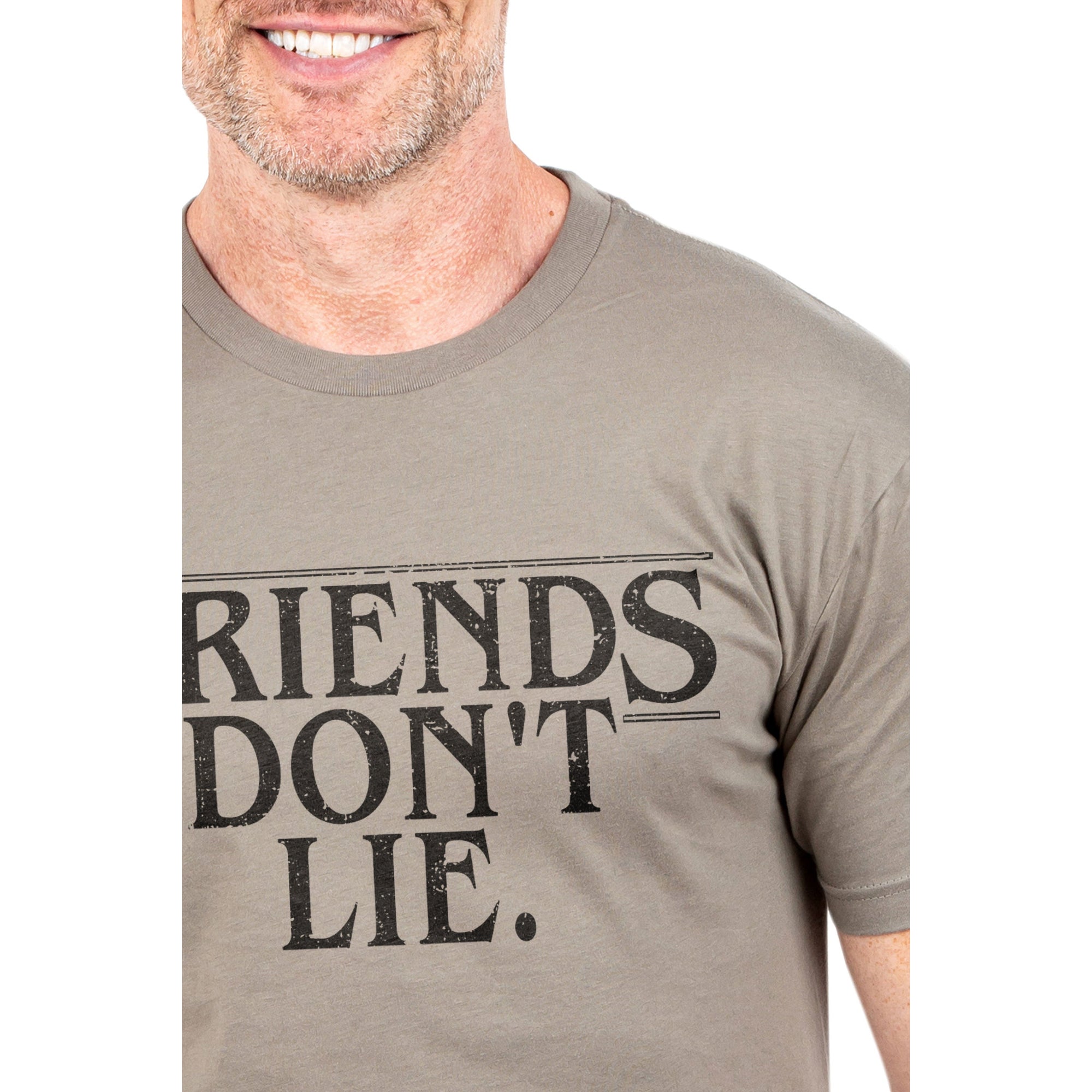 Friends Dont Lie Printed Graphic Men's Crew T-Shirt Heather Tan Closeup Image