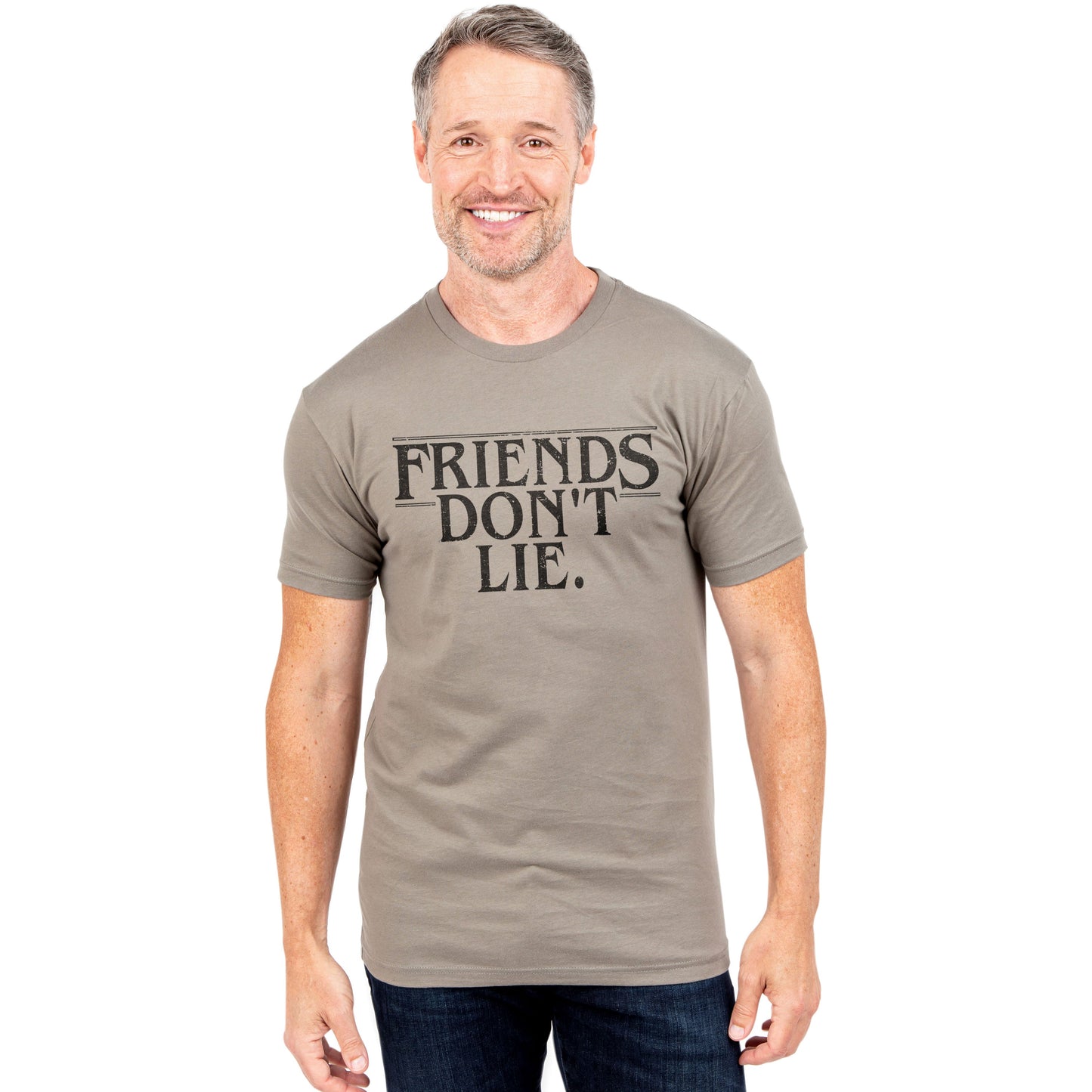 Friends Dont Lie Printed Graphic Men's Crew T-Shirt Heather Tan Model Image
