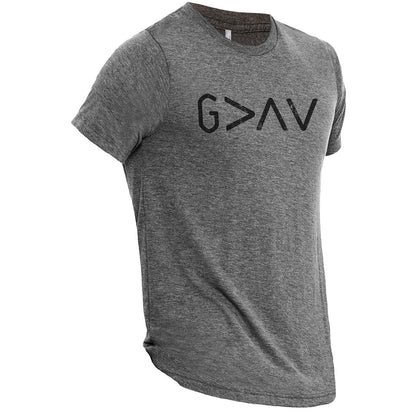 God Is Greater Than The Highs And Lows Heather Grey Printed Graphic Men's Crew T-Shirt Tee Side View