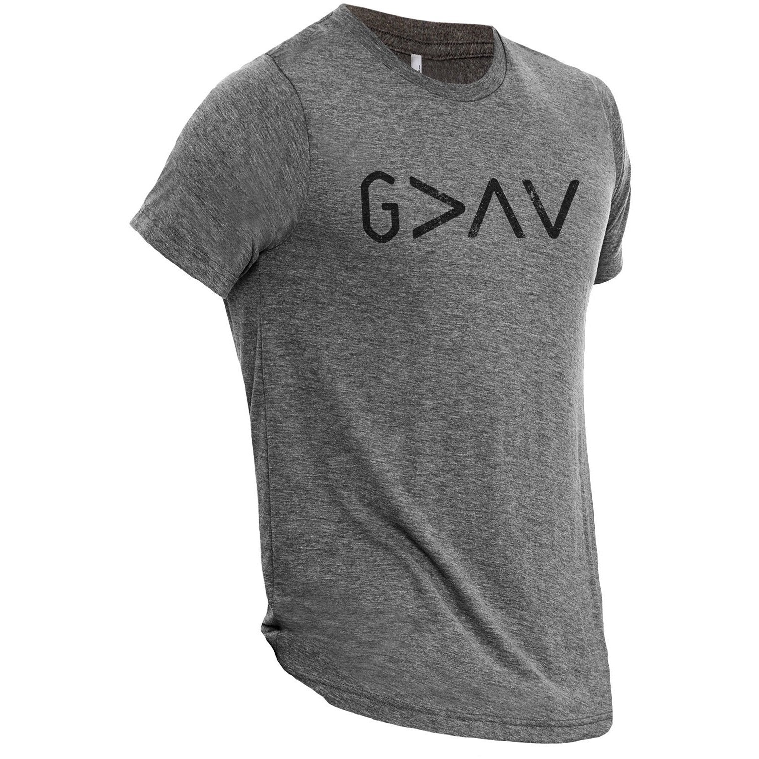 God Is Greater Than The Highs And Lows Heather Grey Printed Graphic Men's Crew T-Shirt Tee Side View
