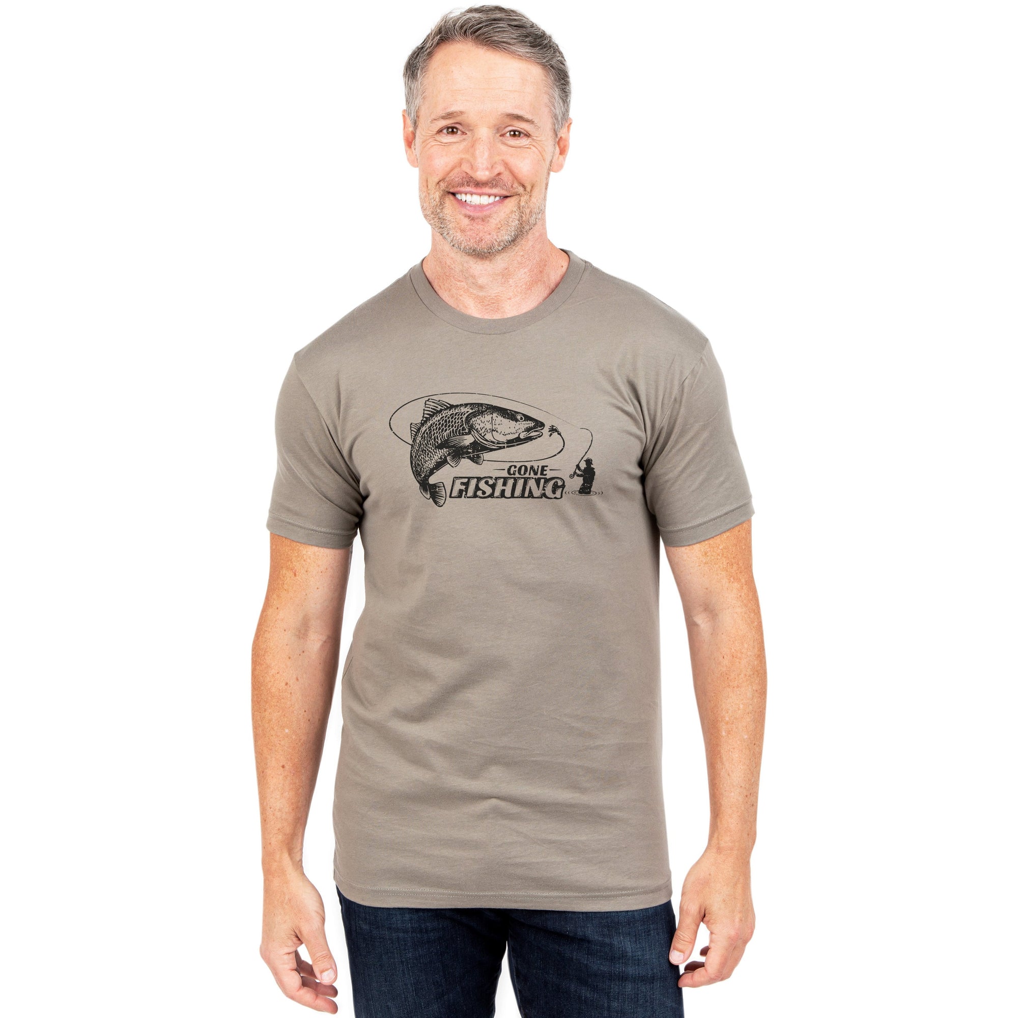 Gone Fishing Military Grey Printed Graphic Men's Crew T-Shirt Tee Model