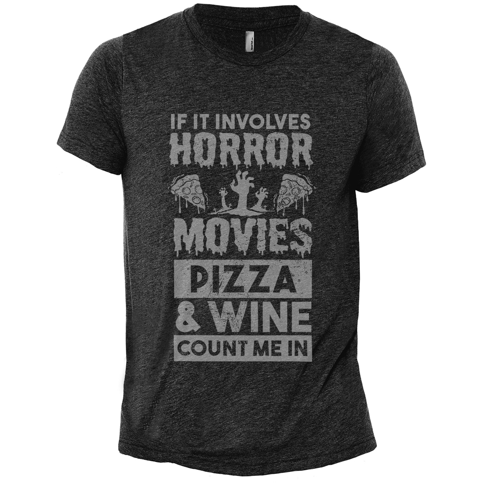 Horror Movies Pizza And Wine Charcoal Printed Graphic Men's Crew T-Shirt Tee