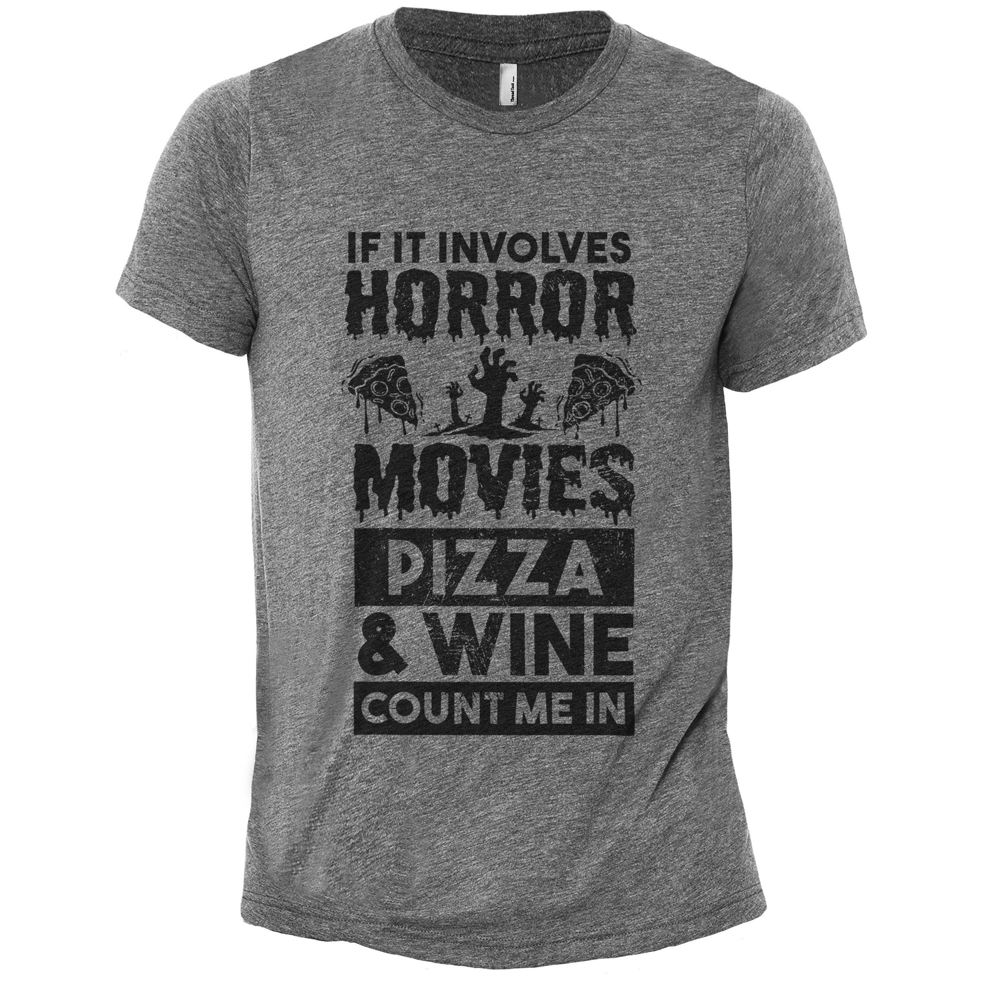 Horror Movies Pizza And Wine Heather Grey Printed Graphic Men's Crew T-Shirt Tee