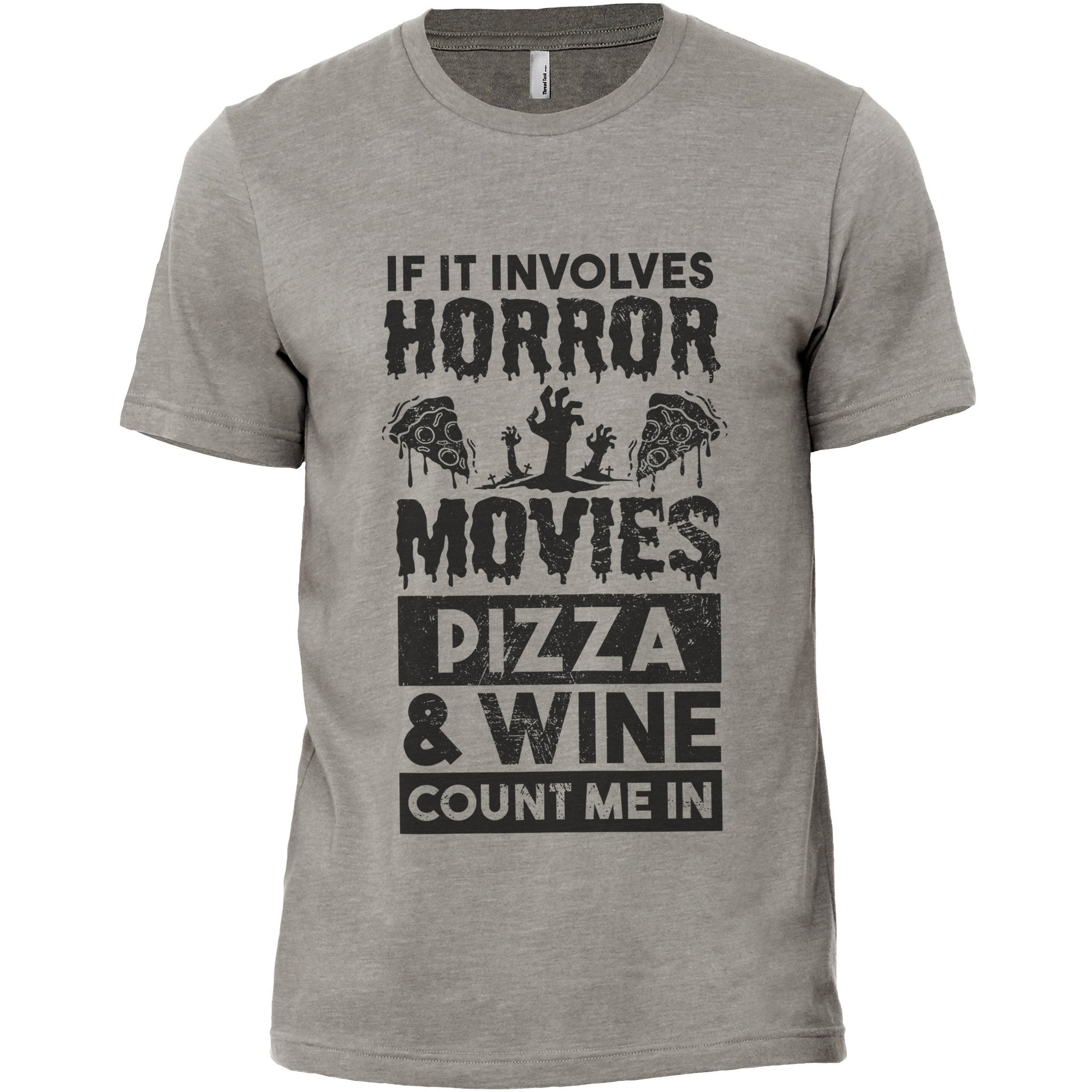 Horror Movies Pizza And Wine Military Grey Printed Graphic Men's Crew T-Shirt Tee
