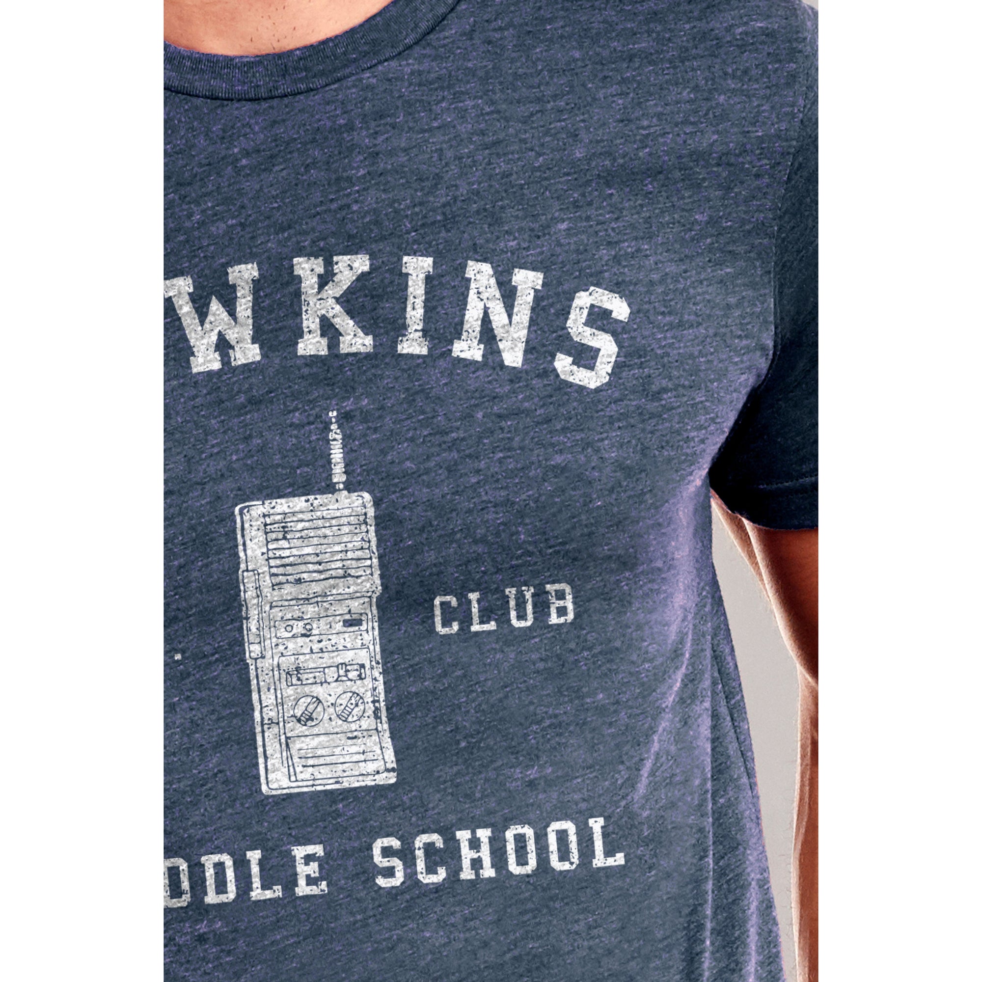 Hawkins Middle School Printed Graphic Men's Crew T-Shirt Vintage White Closeup Image