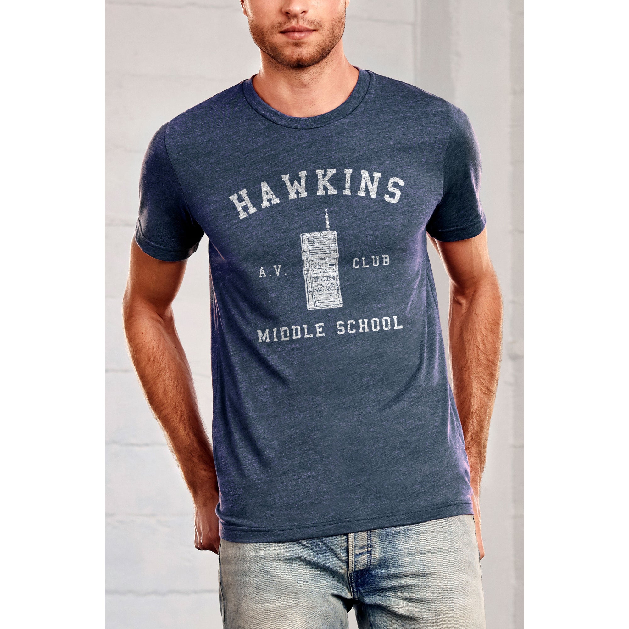 Hawkins Middle School Printed Graphic Men's Crew T-Shirt Vintage White Model Image