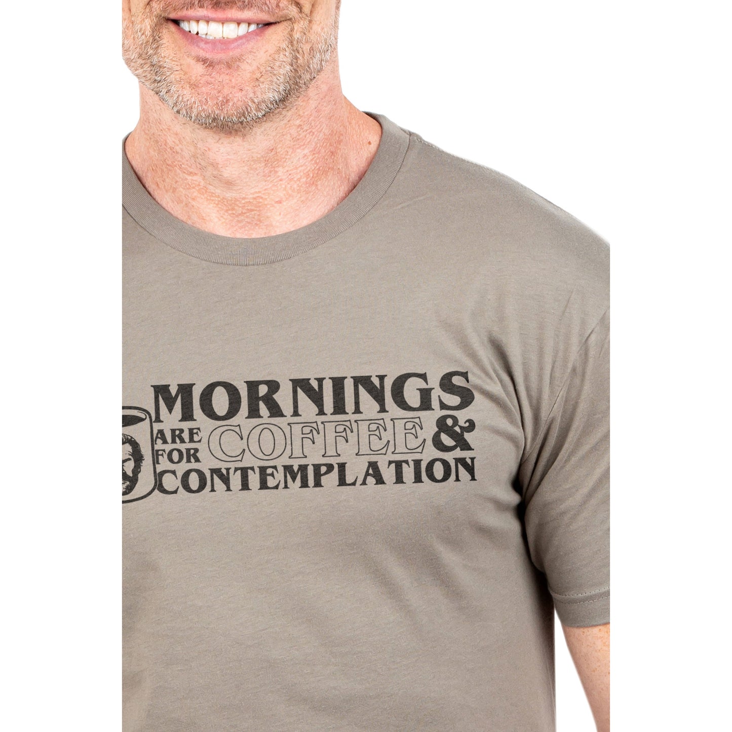 Mornings Are For Coffee And Contemplation Printed Graphic Men's Crew T-Shirt Heather Tan Closeup Image
