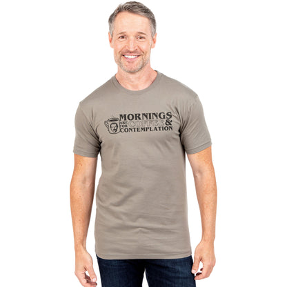Mornings Are For Coffee And Contemplation Printed Graphic Men's Crew T-Shirt Heather Tan Model Image