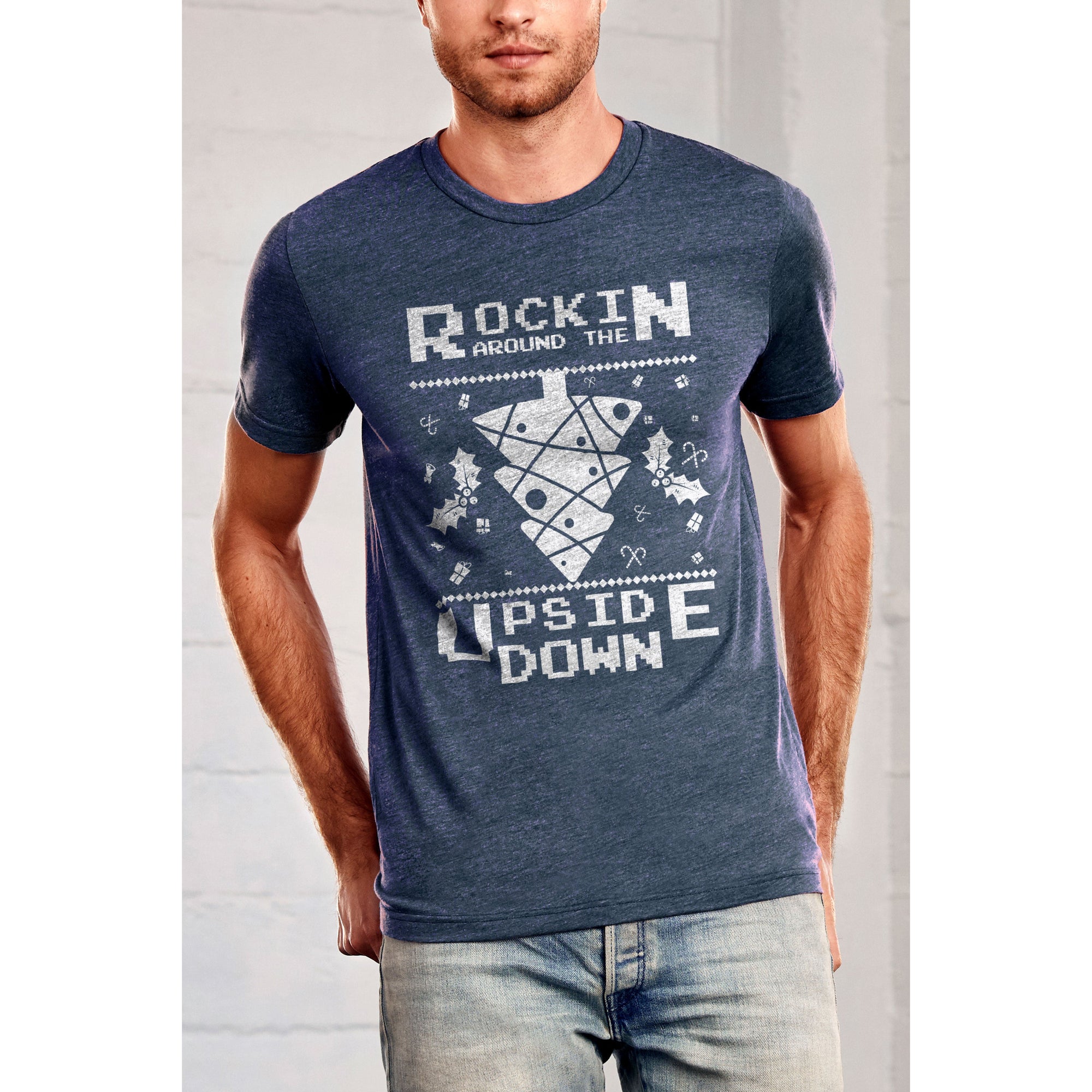Rockin Around The Upside Down Printed Graphic Men's Crew T-Shirt Vintage White Model Image
