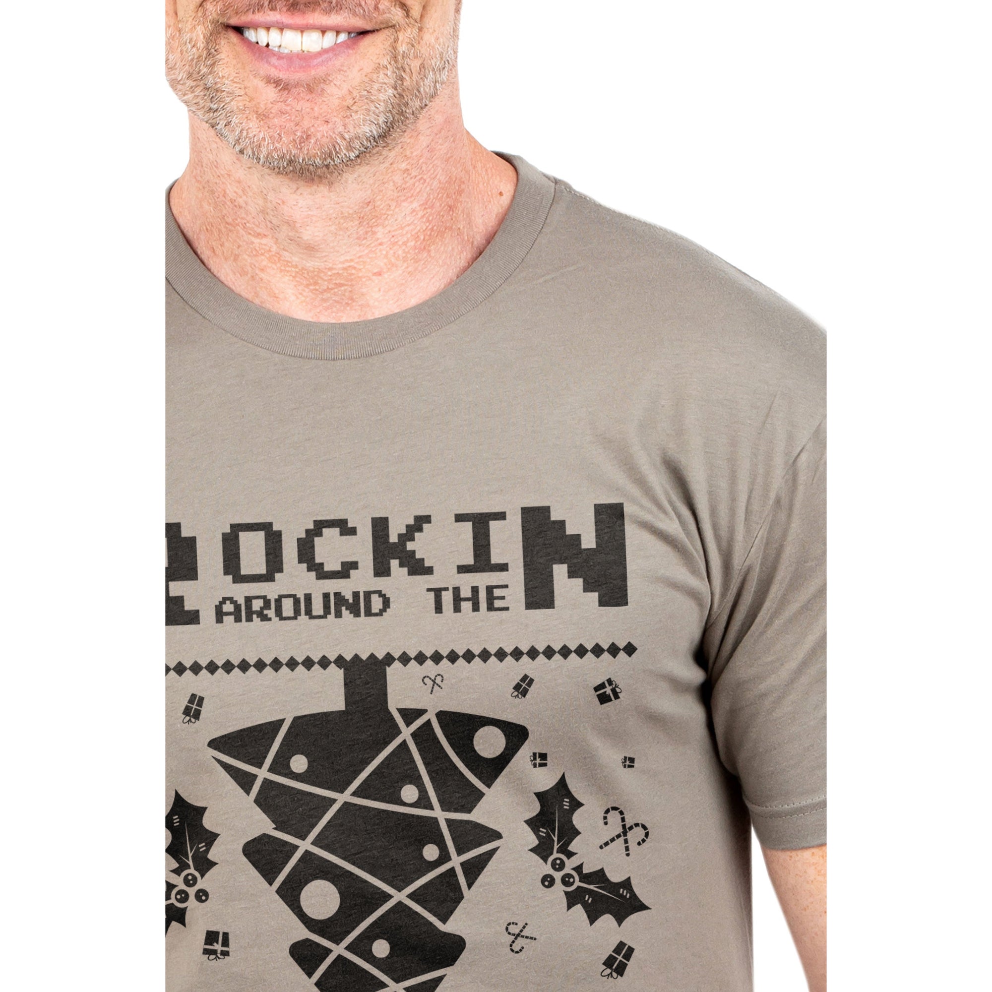 Rockin Around The Upside Down Printed Graphic Men's Crew T-Shirt Heather Tan Closeup Image
