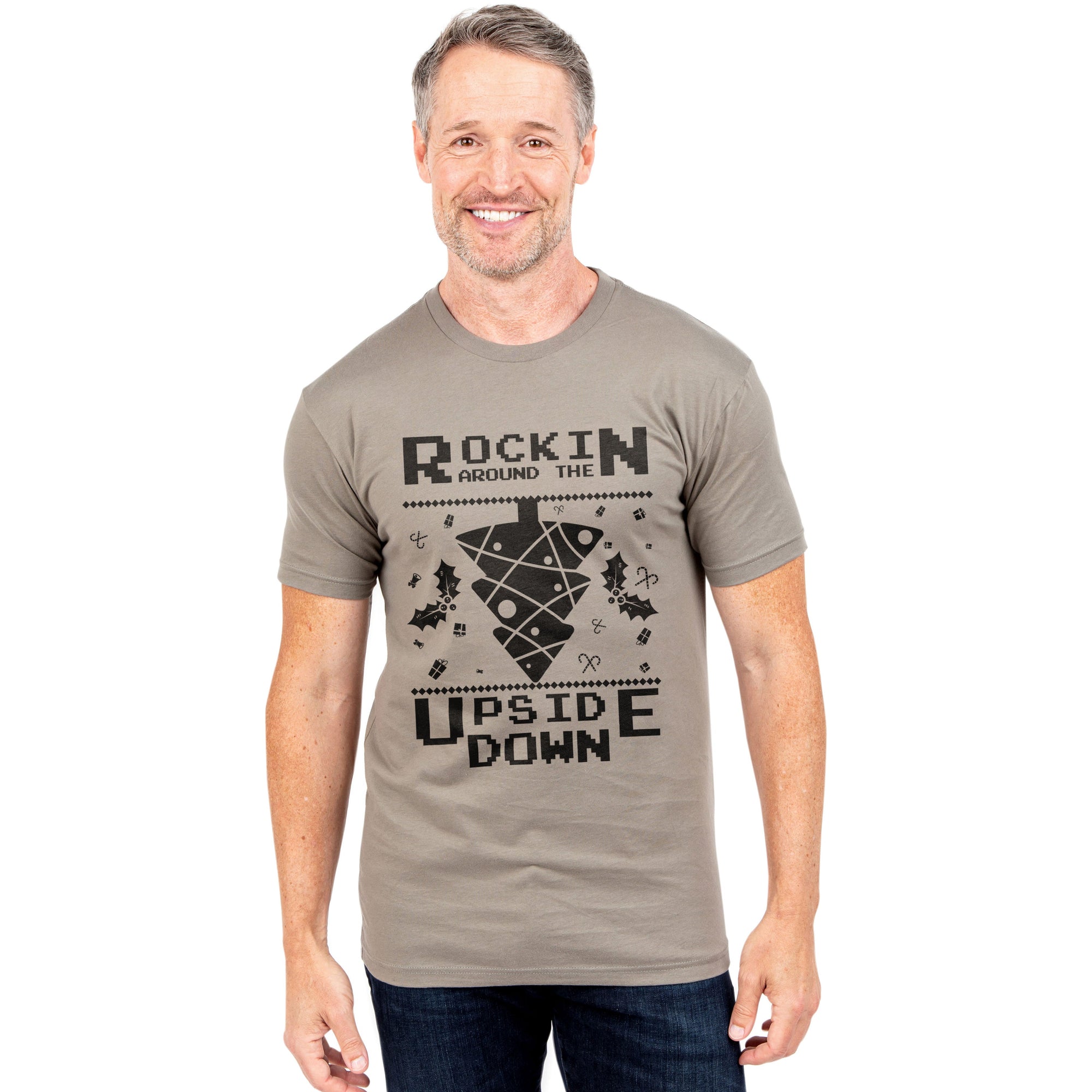 Rockin Around The Upside Down Printed Graphic Men's Crew T-Shirt Heather Tan Model Image