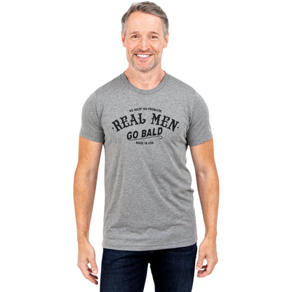 Real Men Go Bald Heather Grey Printed Graphic Men's Crew T-Shirt Tee Model