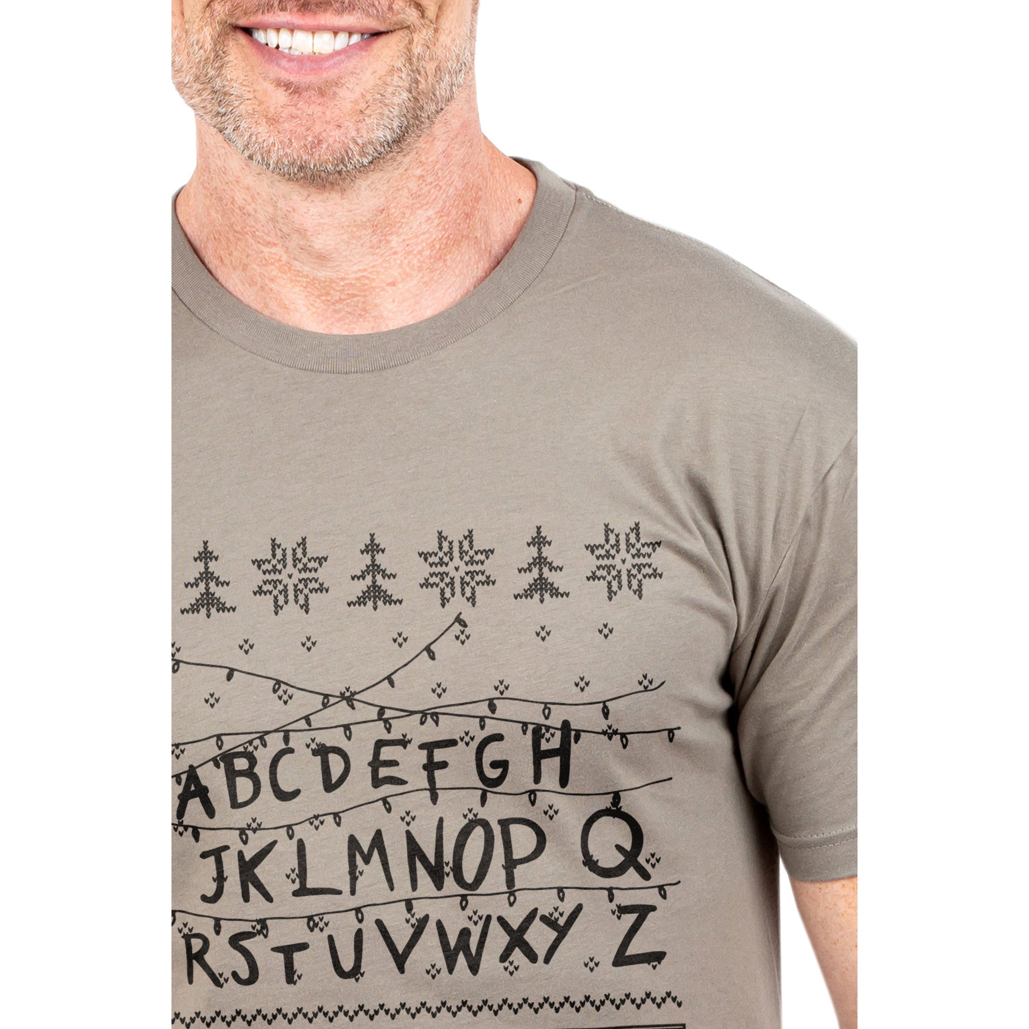 Stranger Christmas (Stranger Things) Printed Graphic Men's Crew T-Shirt Heather Tan Closeup Image