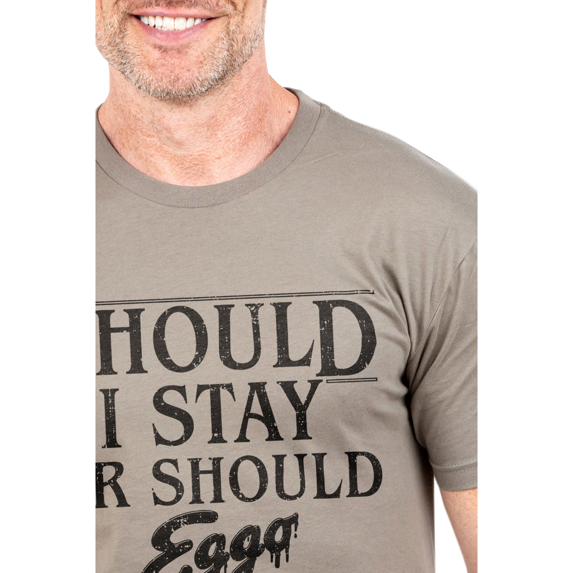 Should I Stay Or Should Eggo Printed Graphic Men's Crew T-Shirt Heather Tan Closeup Image